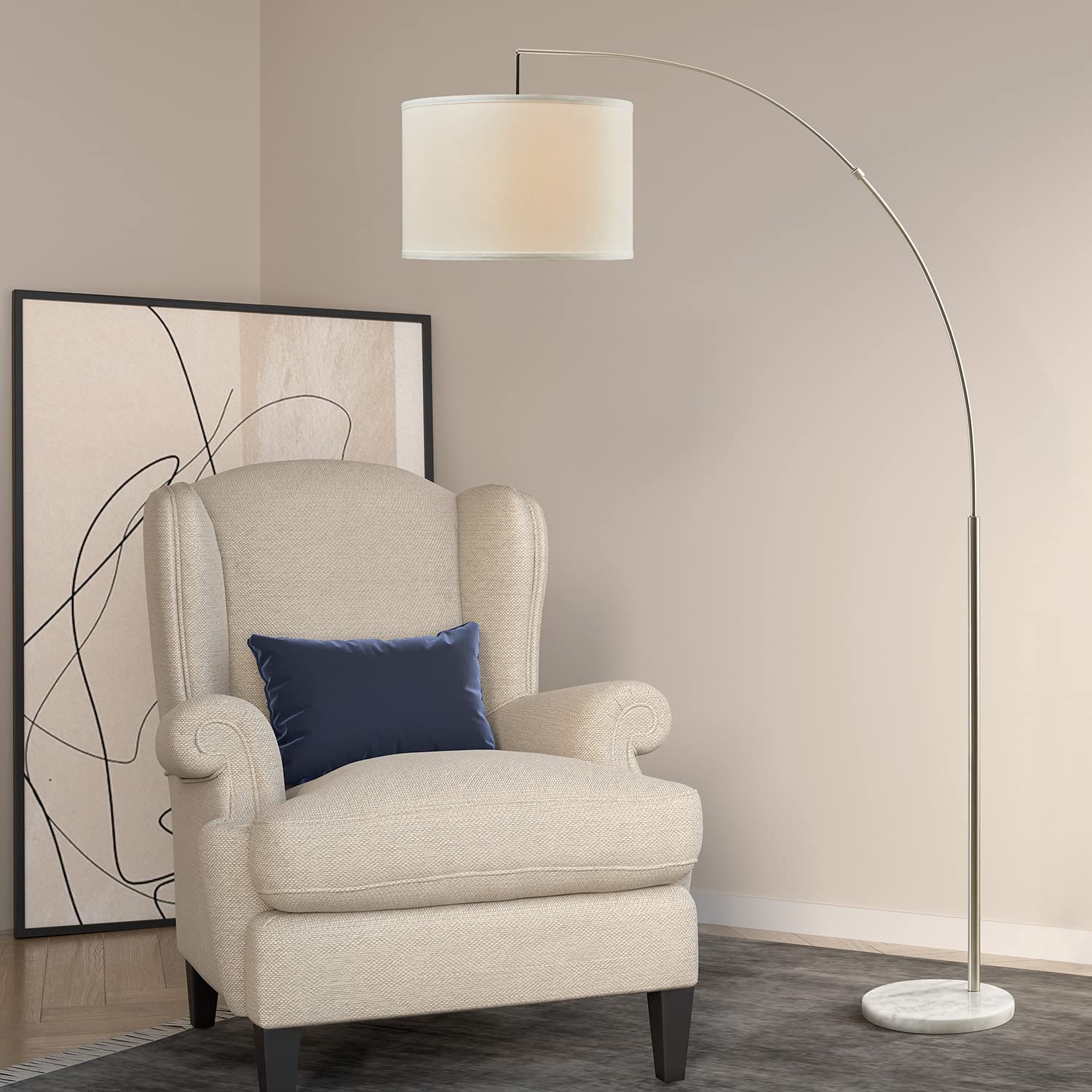 Oneach Modern Arc Floor Lamp - Brushed Steel Standing Light for Living Room, Bedroom, Office - Adjustable Arch Design with Hanging Shade for Reading Over Couch, Sofa or Desk - Silver Finish