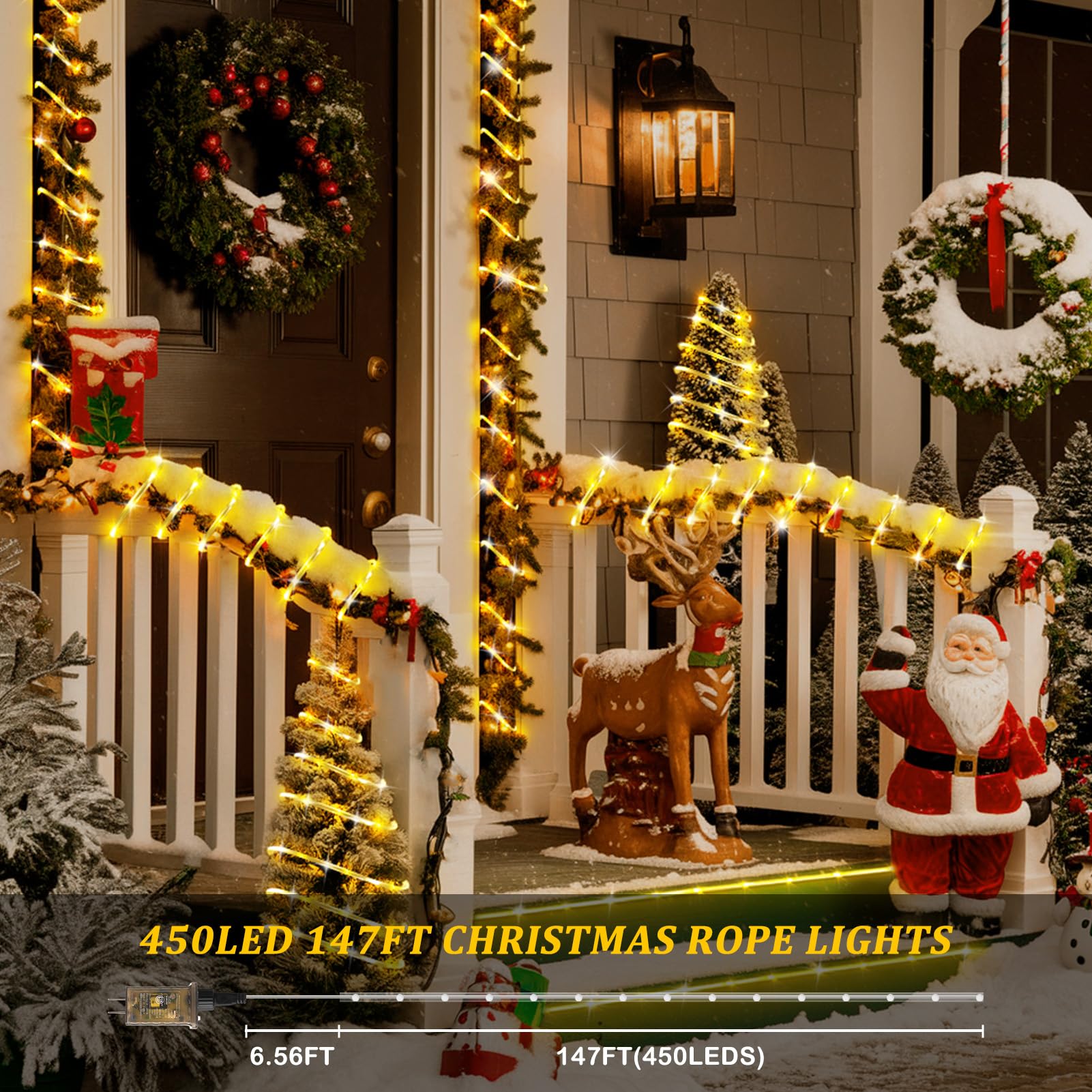 Heceltt 147ft LED Rope Lights Outdoor, 450 LED Waterproof String Lights with 8 Lighting Modes, IP65 Weatherproof Tube Lights for Patio, Garden, Pool Party, Backyard, Holiday & Christmas Decoration (Warm White) - Perfect for Outdoor Entertaining, Landscape Lighting and Festive Ambiance