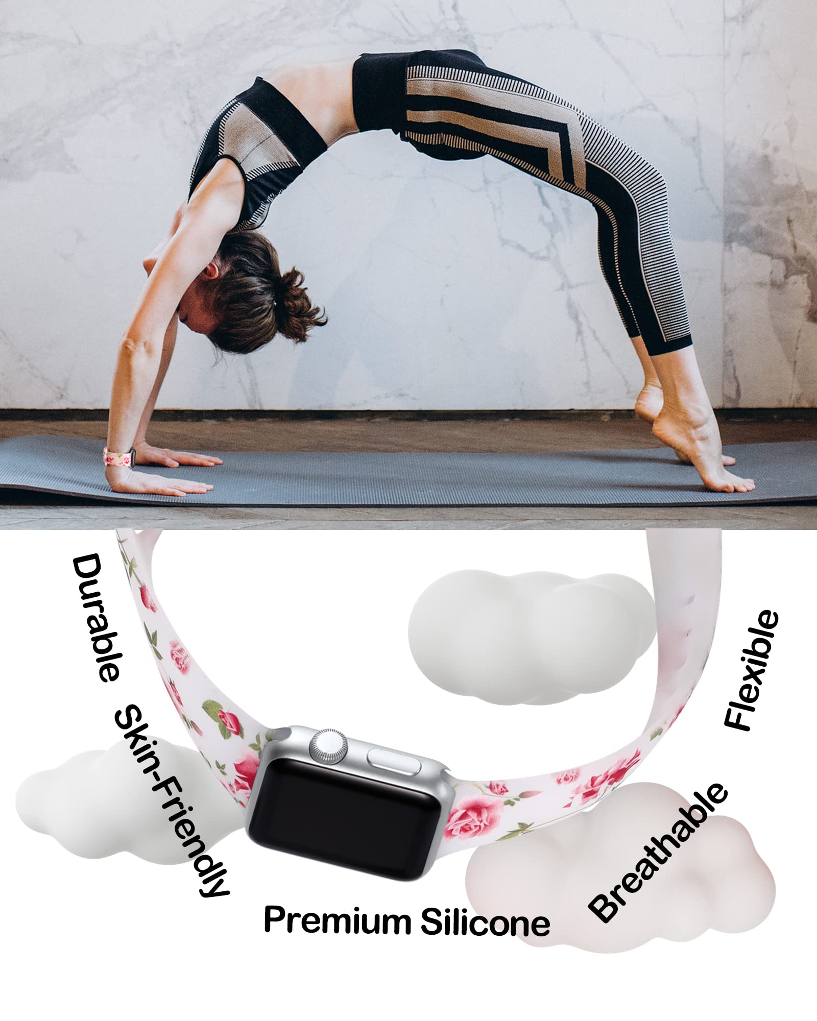 Witzon Floral Greenery Print Silicone Sport Band for Apple Watch Series 8/7/6/5/4/3/2/1/SE/Ultra - 38mm 40mm 41mm 42mm 44mm 45mm 49mm Women's Replacement Strap Accessories - Perfect for Workouts, Running & Everyday Fashion