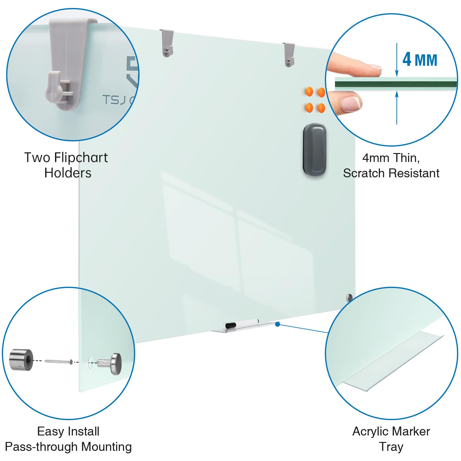 TSJ OFFICE 48x32 Inch Glass Dry-Erase Board - Magnetic Wall Mounted Whiteboard for Office, Home & School - Frameless Glass Writing Surface for Meetings, Presentations & Home Organization