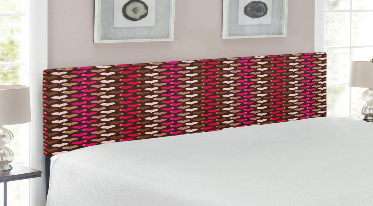 Ambesonne Abstract Upholstered Headboard with Memory Foam - Romantic Heart Design in Brown Fuchsia, King Size Metal Bed Frame for Valentine's Day | Perfect for Girls' Bedroom, Master Suite & Romantic Home Decor