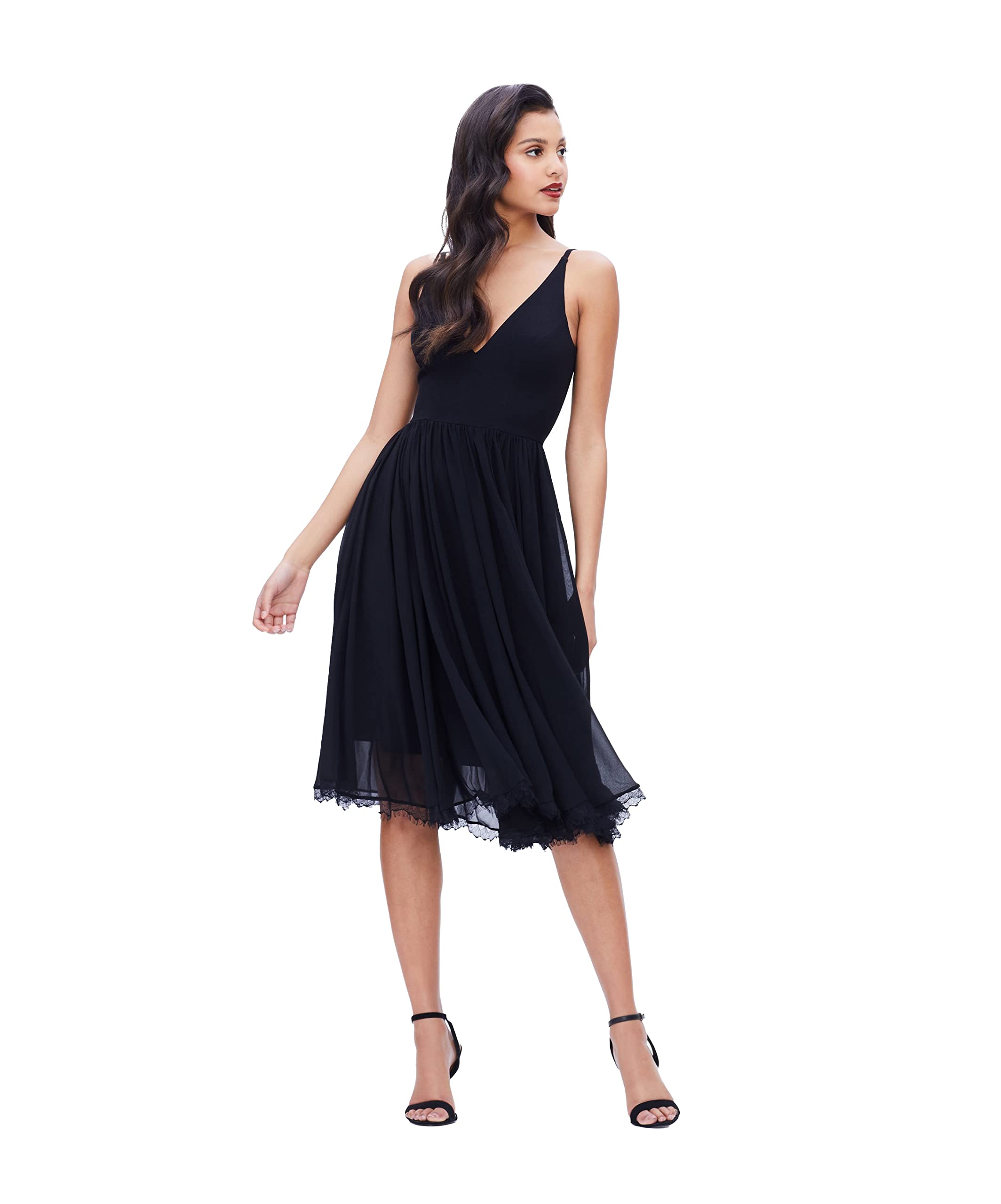 Dress the Population Alicia Plunging Neckline Sleeveless Fit & Flare Midi Dress for Women | Mixed Fabric Cocktail Party & Wedding Guest Dress