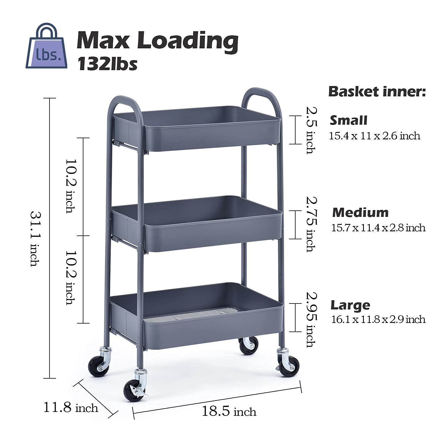 3-Tier Rolling Utility Cart with Wheels - Pink & White Bundle for Kitchen, Bathroom, Office Storage and Organization | No-Screw Assembly Metal Cart for Home, Dorm, Salon or Garage