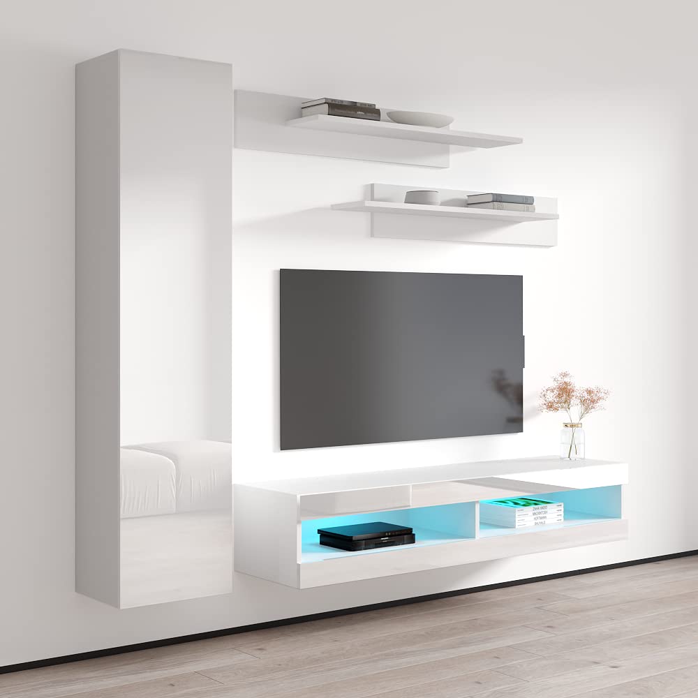 Modern White Floating TV Stand with Storage & LED Lights - Wall-Mounted Entertainment Center for Bedroom & Living Room - Meble Furniture Fly G1 34