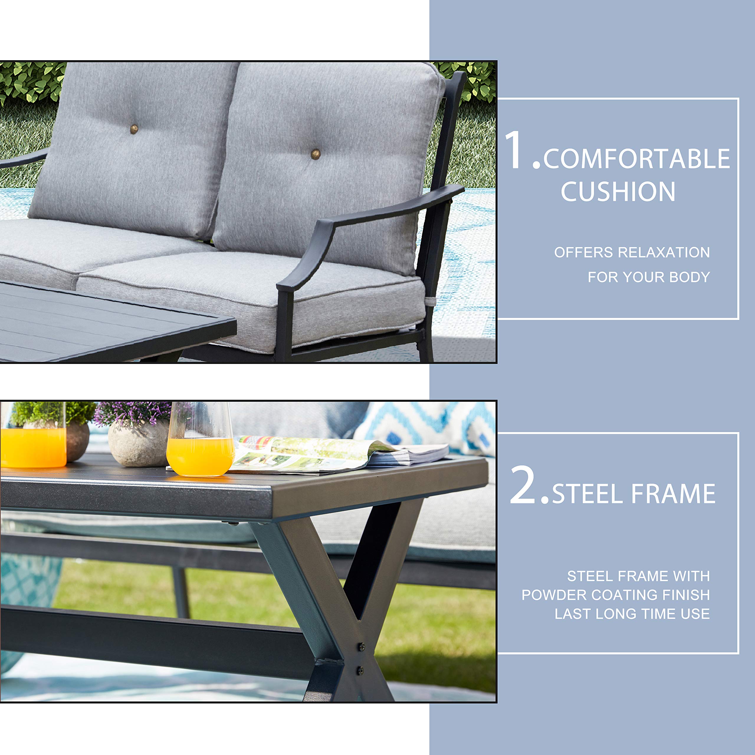 LOKATSE HOME Outdoor Loveseat and Coffee Table Set - 3-Piece Metal Patio Furniture with Cushions for Backyard, Poolside, Garden - Weather-Resistant Grey Conversation Set (Perfect for Relaxing, Entertaining Guests, and Outdoor Dining)