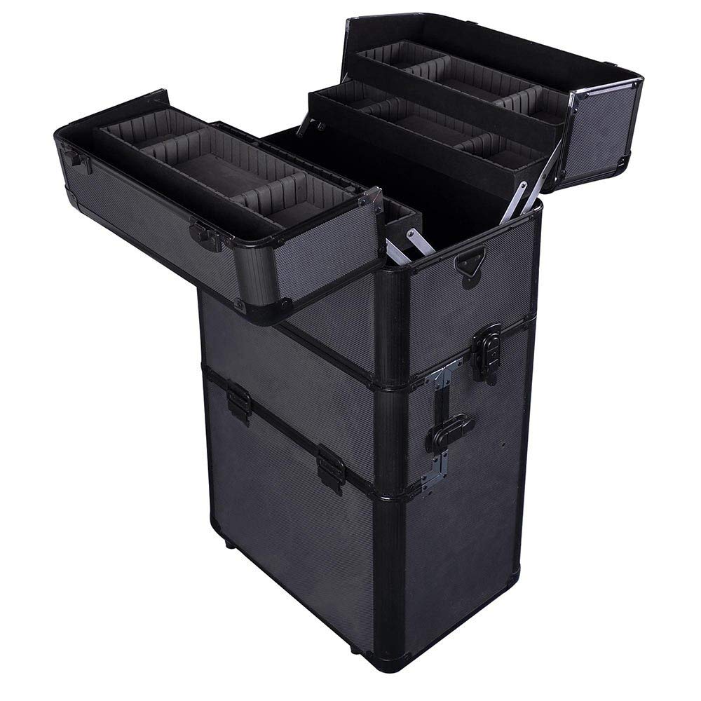 Professional 2-in-1 Rolling Makeup Train Case with Black Aluminum Body - Portable Cosmetic Organizer for MUA Artists & Beauty Professionals - Perfect for Salon, Travel, and On-Site Makeup Services