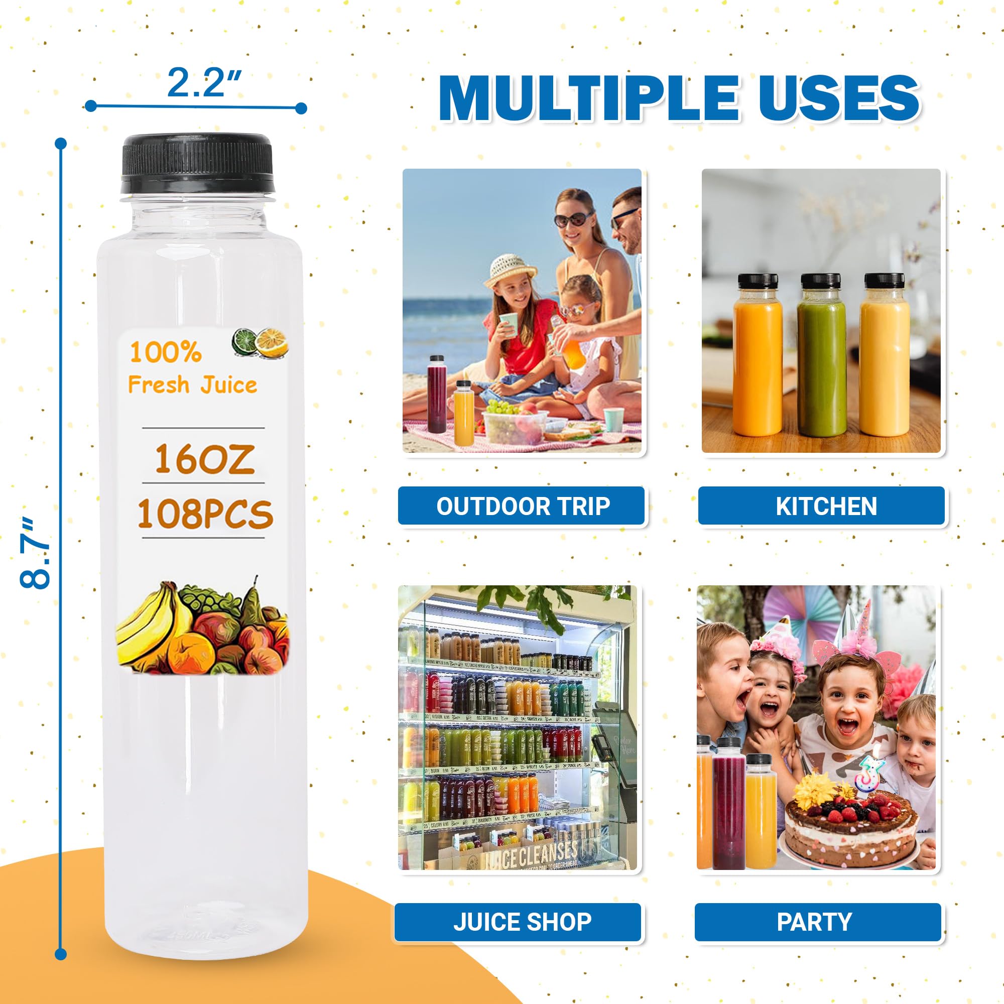 Holotap 108 Pcs 16 OZ Disposable Juice Bottles with Black Tamper Evident Lids - Bulk Empty Plastic Bottles for Juicing, Protein Shakes, Smoothies & Beverages | Perfect for Juice Bars, Meal Prep & Home Brewing