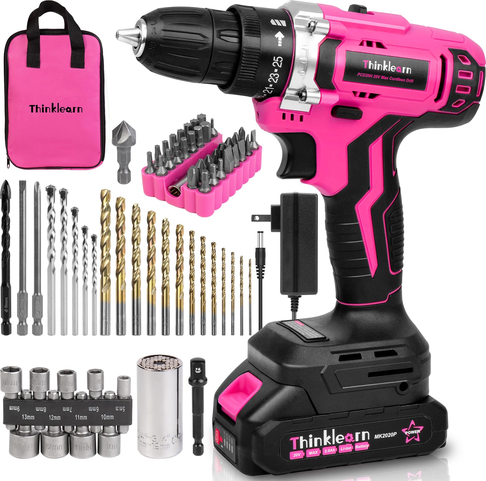 20V Pink Cordless Drill Set for Women - 67Pcs Driver Bits, 3/8