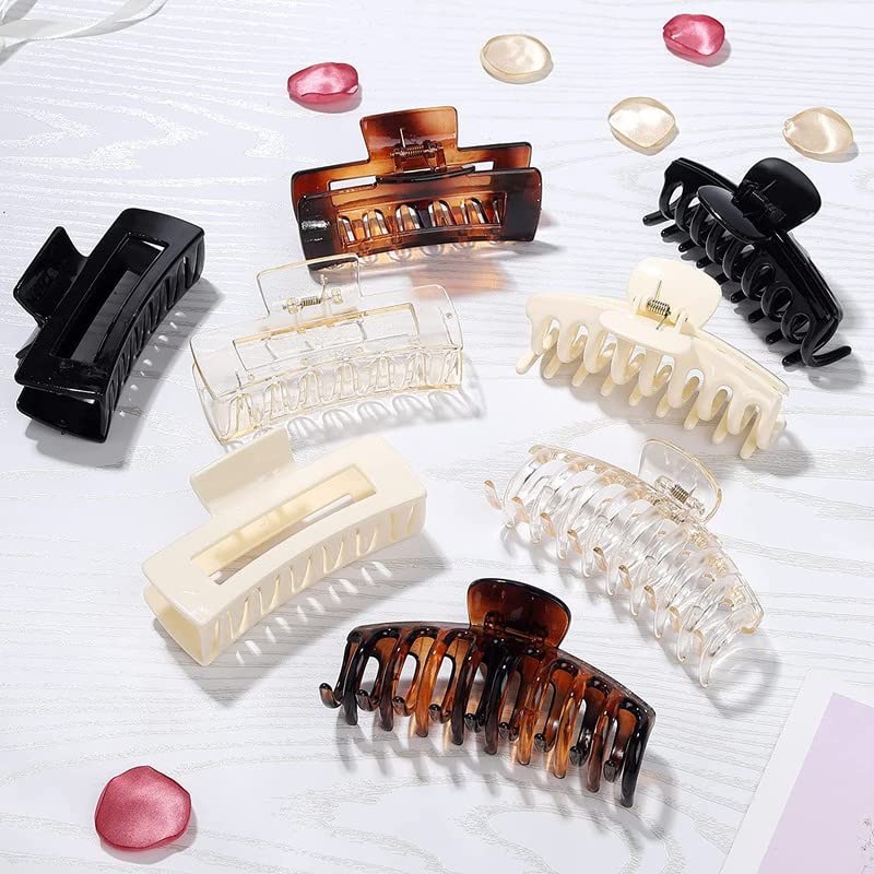 Belicia 8 Pack Large Hair Claw Clips for Women - 4.3 Inch Rectangular Hair Clips, Hair Jaw Clamps (4 Colors) - Perfect for Ponytails, Buns and Everyday Hairstyles