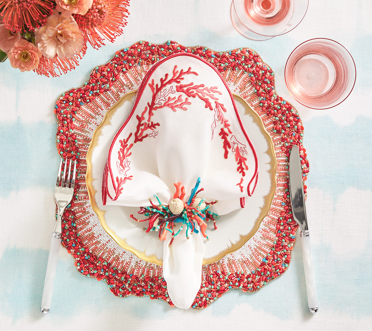 Reef Chic Placemats Set of 2 - White Coral & Turquoise Waterproof Table Mats for Dining, Kitchen, Beach Picnics & Outdoor Entertaining