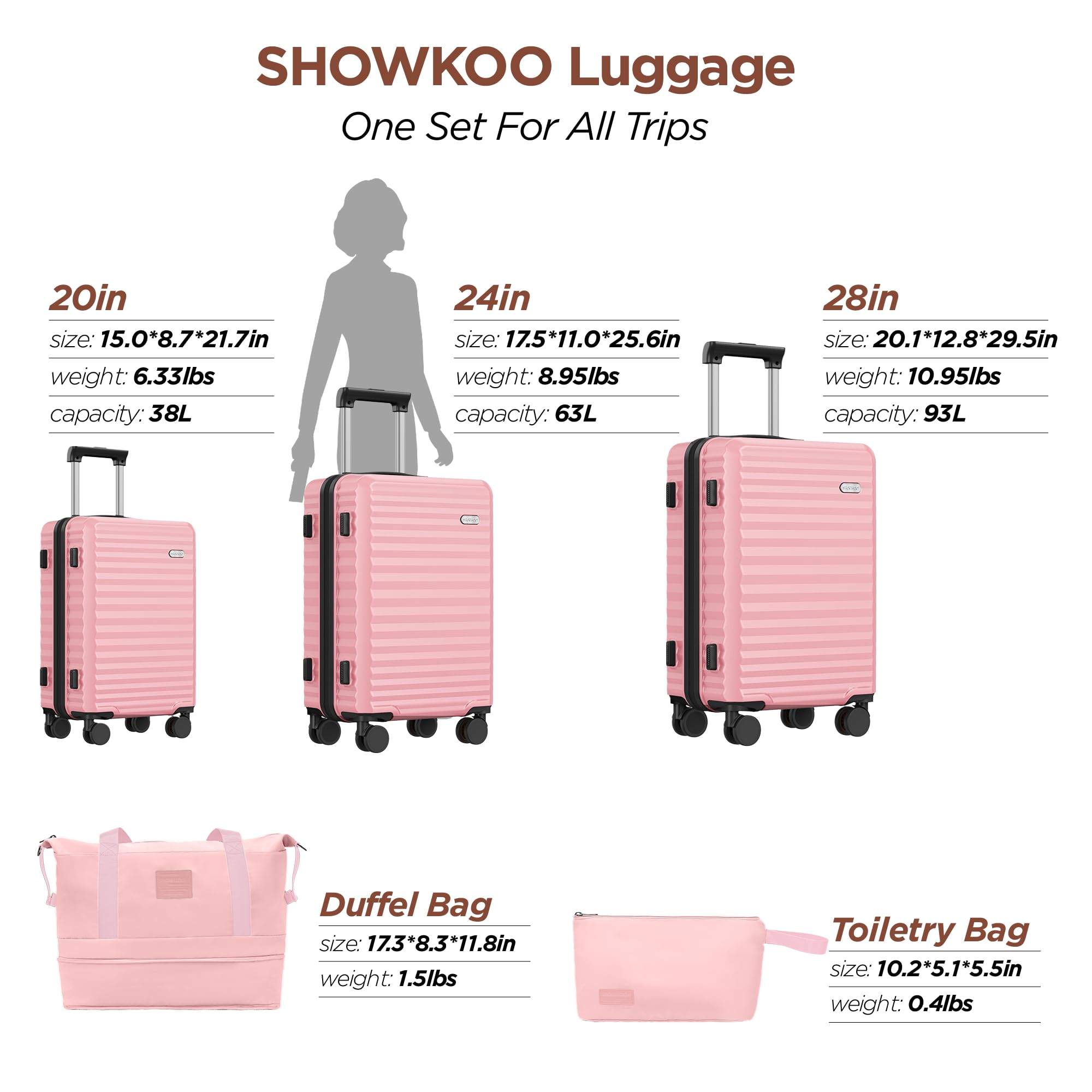 SHOWKOO 3-Piece Hardside Expandable Luggage Set with Double Spinner Wheels & TSA Lock - Pink (20/24/28 Inch) - Perfect for Family Travel, Business Trips, and International Vacations