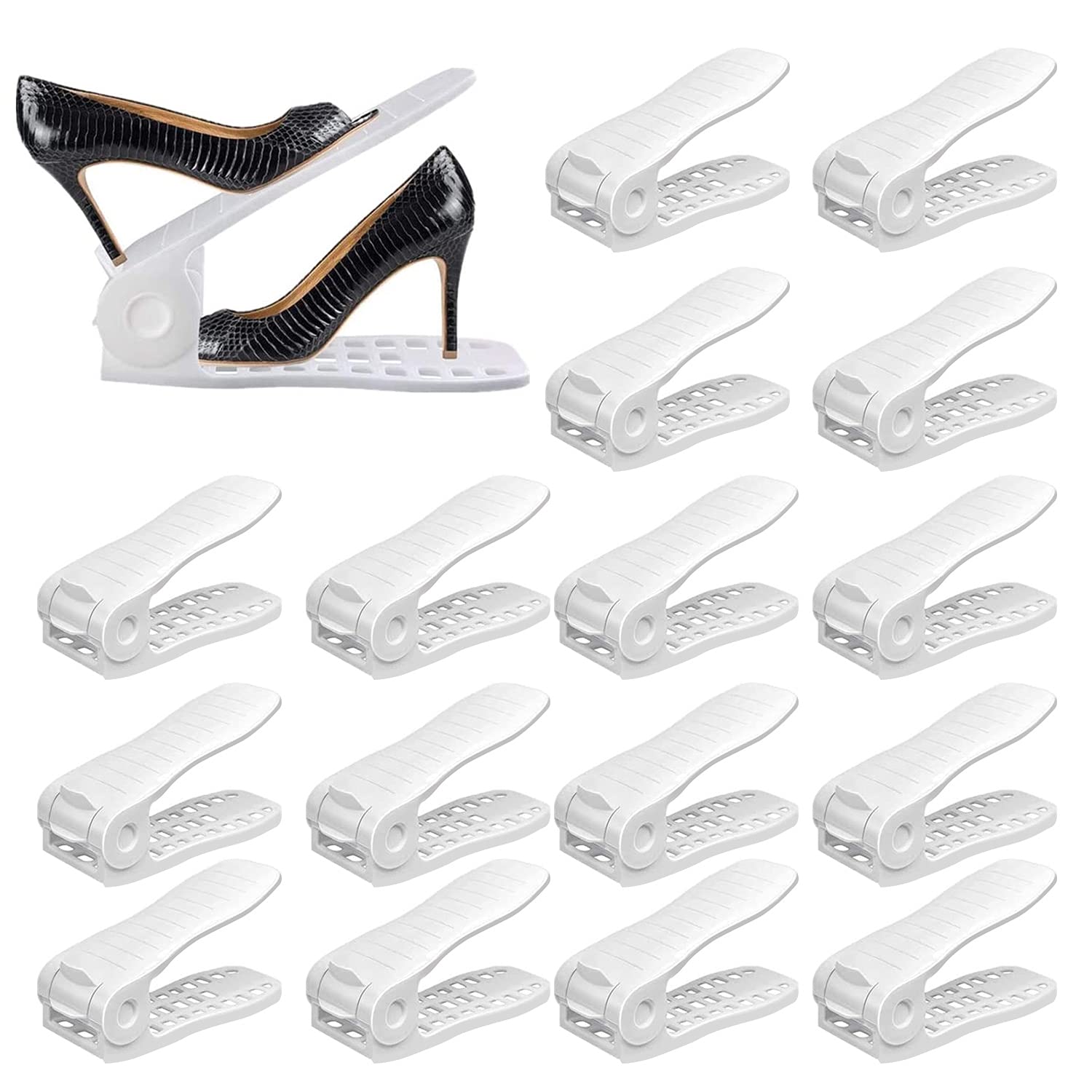YIHATA 16-Pack Adjustable Shoe Stacker Organizer - Double Deck Shoe Rack Holder for Closet Storage, Space Saving Shoe Shelf with Thickened Quality (White) - Perfect for Bedroom, Closet & Entryway Organization