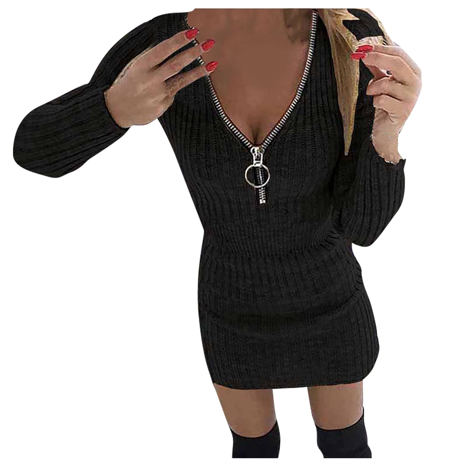 Sexy V-Neck Zipper Sweater Dress for Women - Slim Fit Long Sleeve Bodycon Knit Dress for Fall & Winter | Perfect for Date Night, Office Wear & Holiday Parties