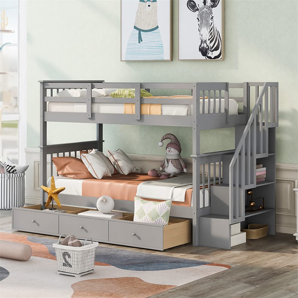 Twin Over Twin Bunk Bed with 3 Drawers & Stairway - Solid Wood Loft Bed for Kids, Teens, Dorm Rooms - Gray Space-Saving Bunk Bed with Ample Storage - Perfect for Small Bedrooms, Shared Kids Rooms & College Dormitories