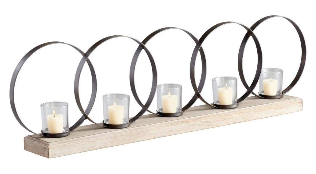 Raw Iron and Natural Wood Ohhh Five Candle Holder - Rustic Farmhouse Candle Stand for Table Centerpiece, Wedding Decor, and Home Ambiance