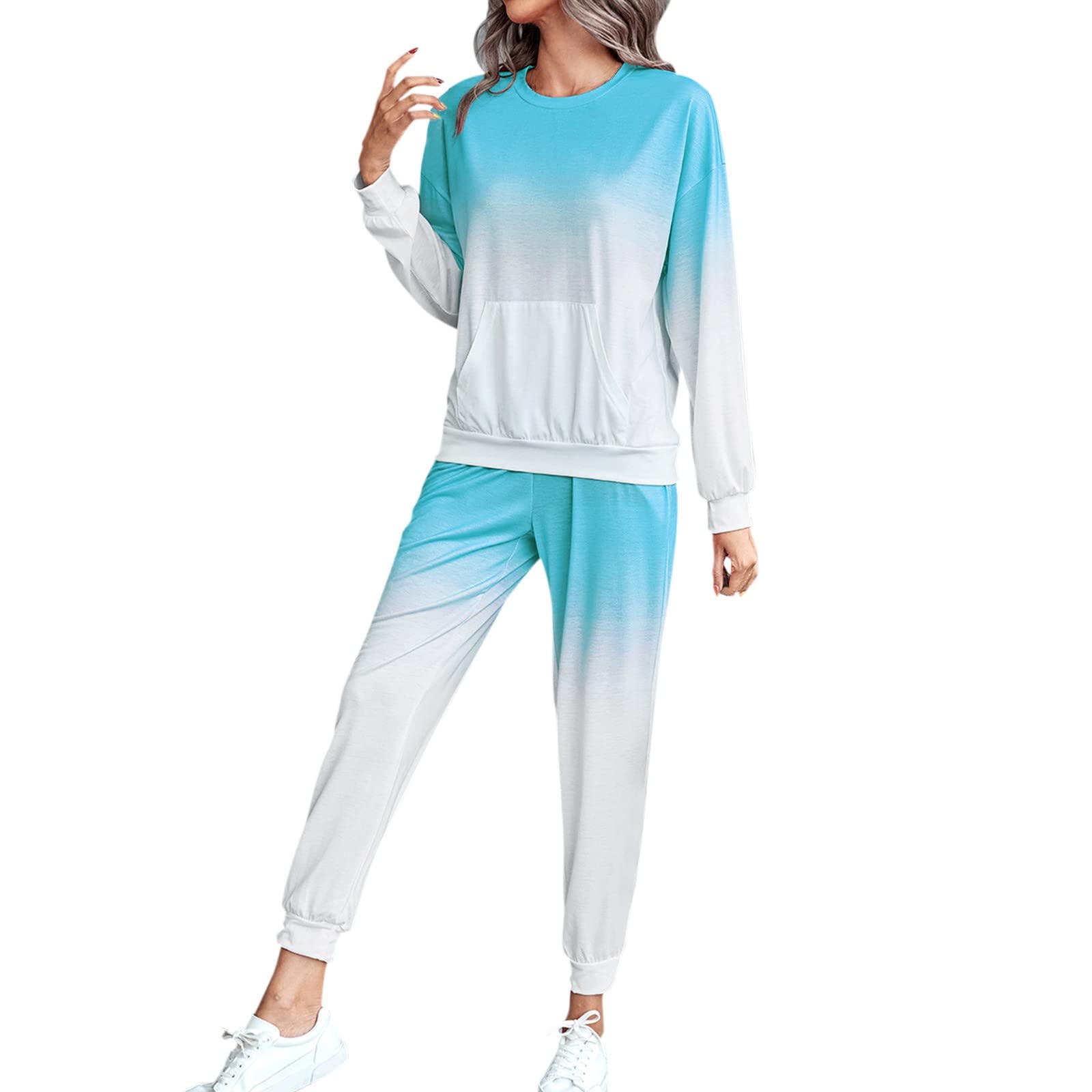 Women's Gradient Two-Piece Lounge Set - Long Sleeve Crewneck Pullover Top & Pants Tracksuit Sweatsuit Outfit for Home, Yoga & Casual Wear | JUNGE Comfort Wear