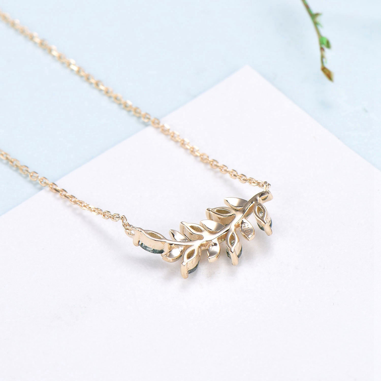 Nature Inspired Moss Agate Necklace with Unique Marquise Green Agate Leaves Pendant - Elegant Branch Guard Design - Perfect Anniversary Gift for Women - Ideal for Weddings, Date Nights & Special Occasions
