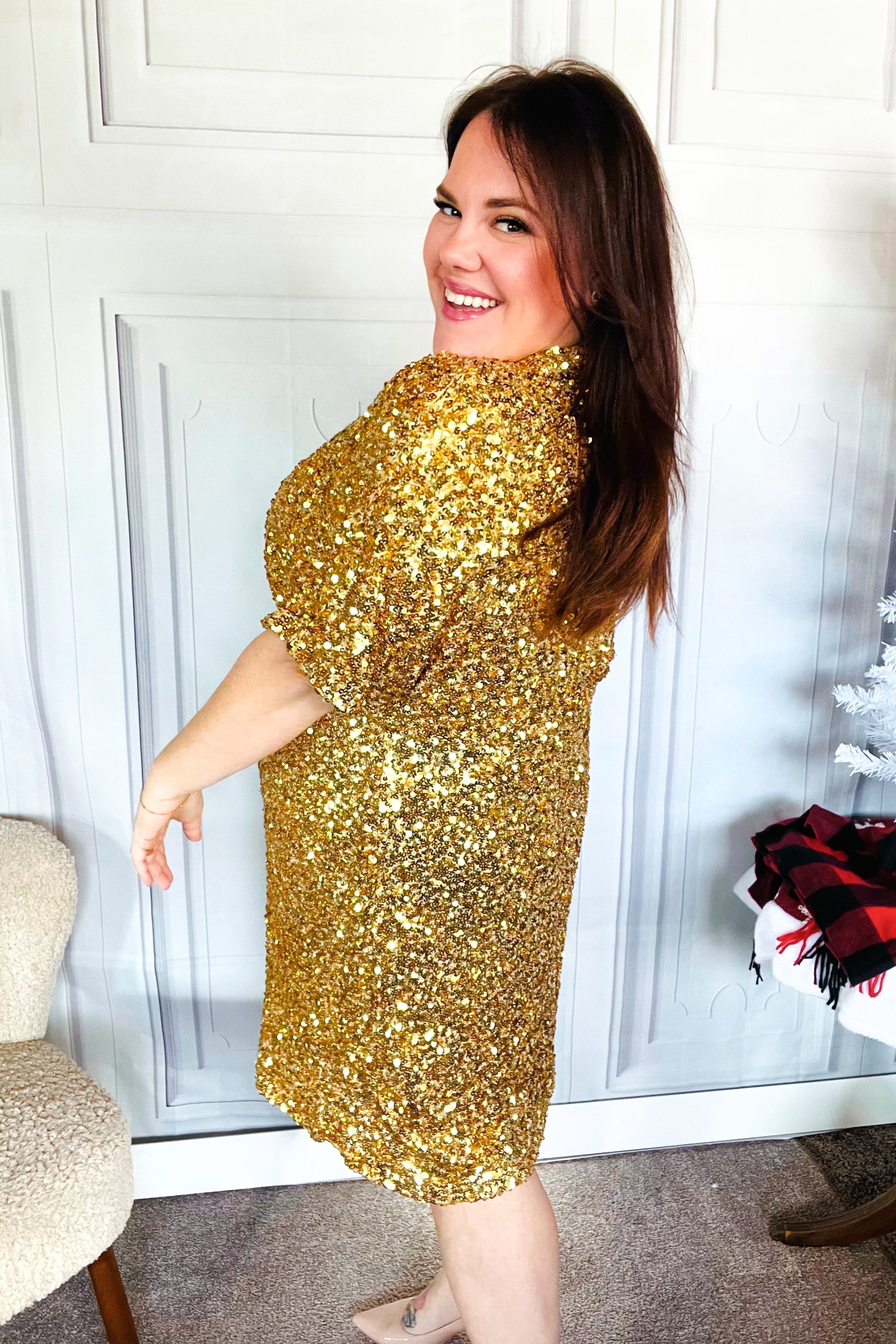 New Year Diva Dolman Gold Sequined Lined Babydoll Dress - Elegant Party Wear for NYE, Cocktail Parties & Special Occasions