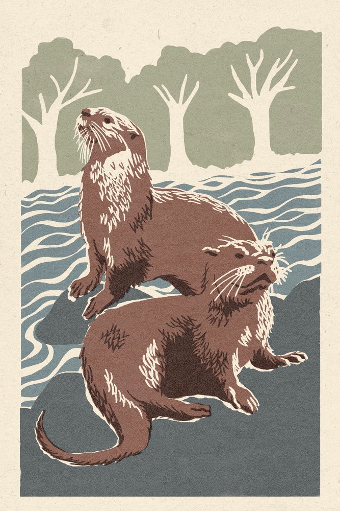 Lantern Press River Otters Woodblock Print - 16x24 Wrapped Canvas Wall Art for Living Room, Bedroom & Office Decor - Nature Inspired Wildlife Home Decoration