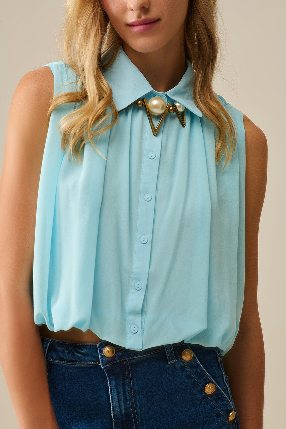Sky Blue Silk Chiffon Blouse with Hem Pleats - Elegant Women's Top for Office, Party & Special Occasions