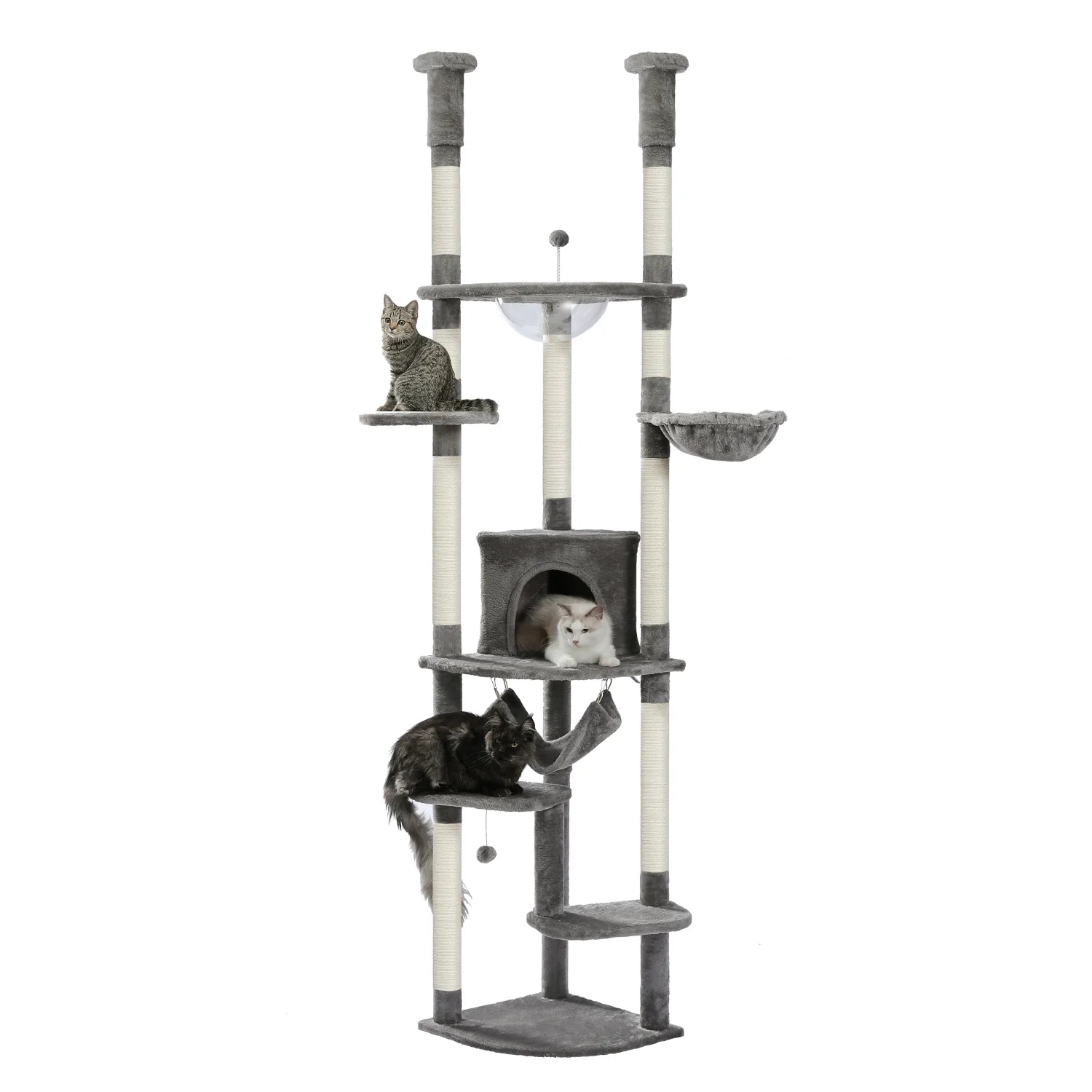 Adjustable Floor to Ceiling Cat Tree with Perch & Scratching Post - Grey - Perfect for Small Spaces & Apartment Living for Cats