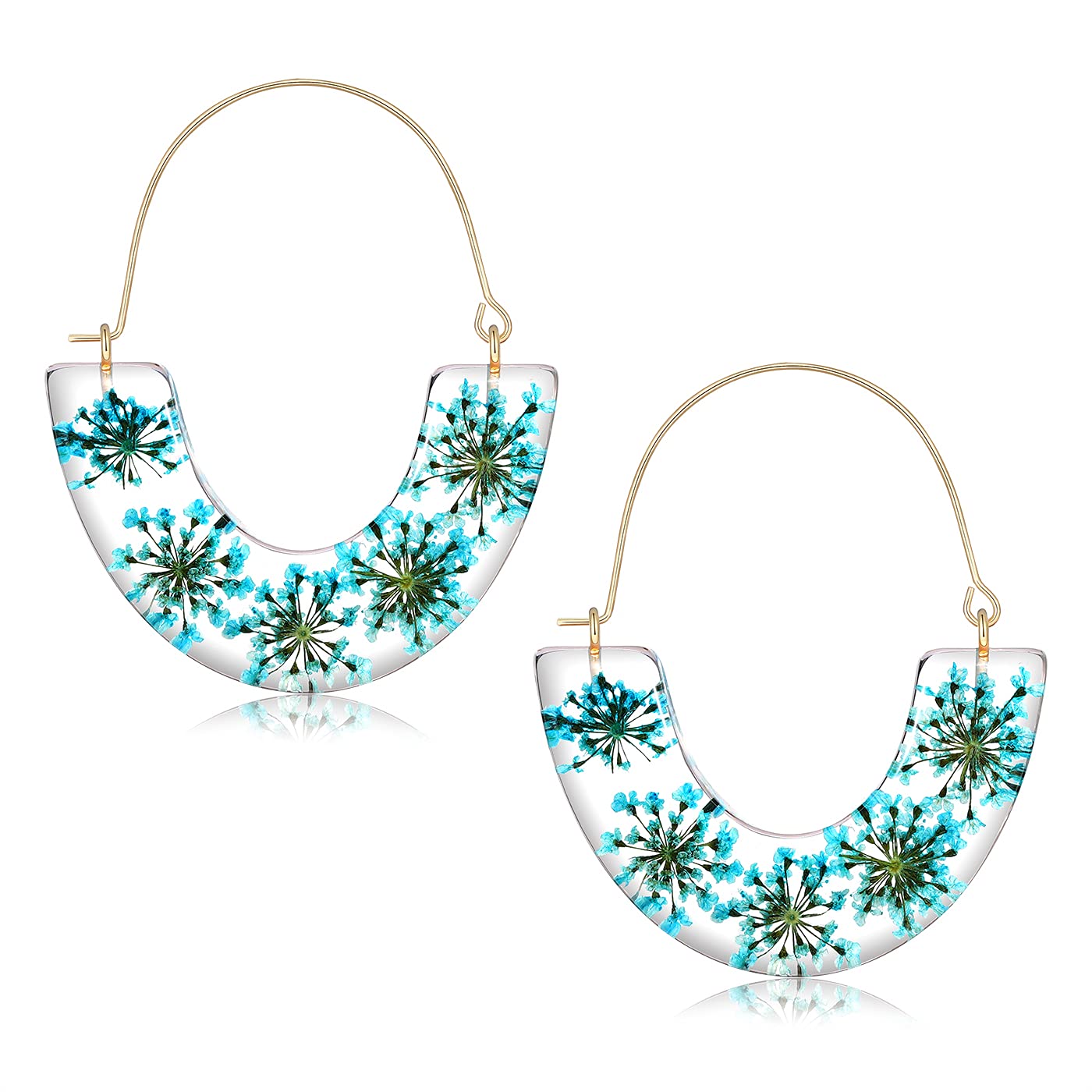 Pressed Flower Resin Hoop Earrings for Women - Real Floral Dangle Drop Statement Earrings - Birthday, Wedding, Party Gifts - Perfect for Boho Style & Everyday Wear