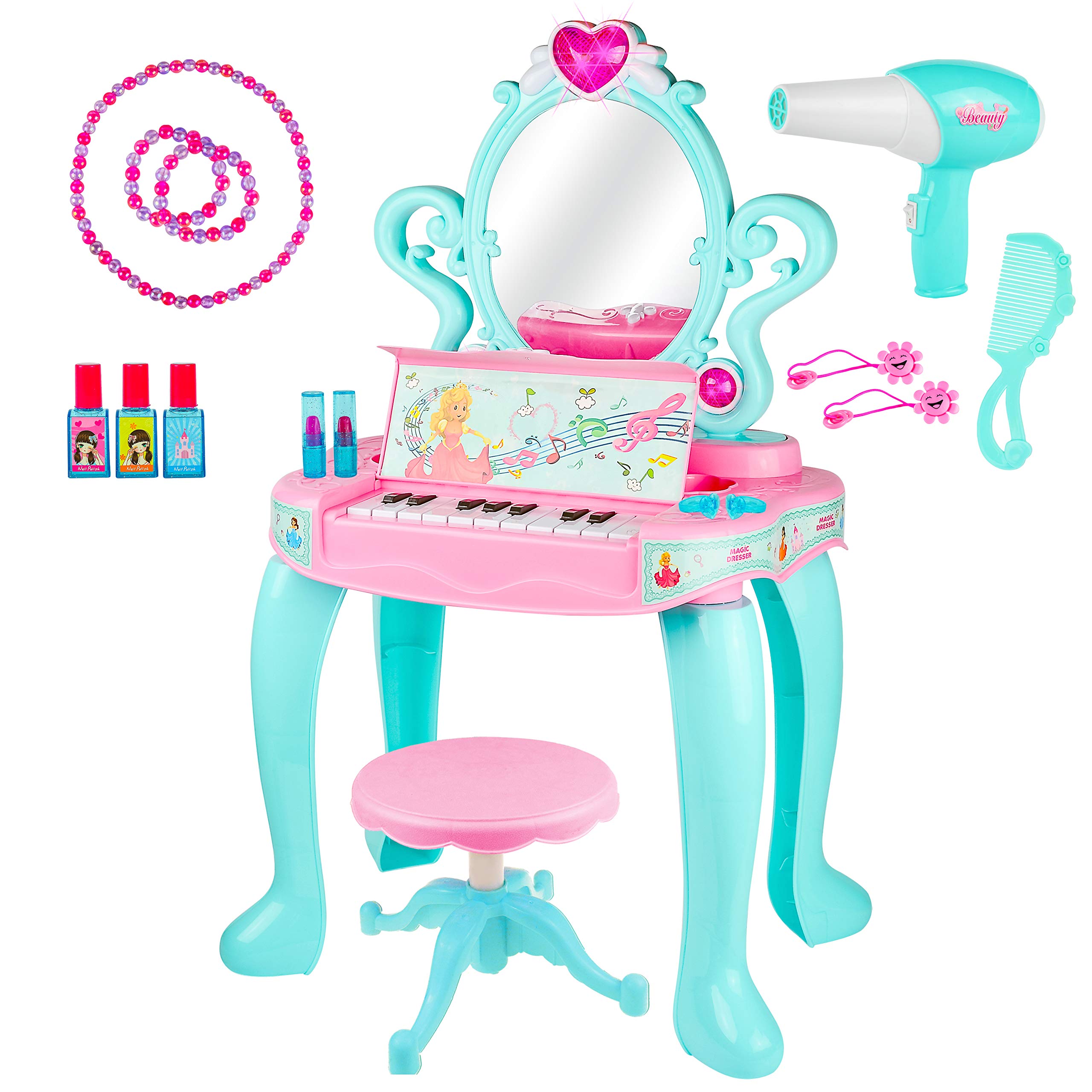 Girls Makeup Vanity Set with Mirror & Piano - Toddler Beauty Playset for Pretend Play