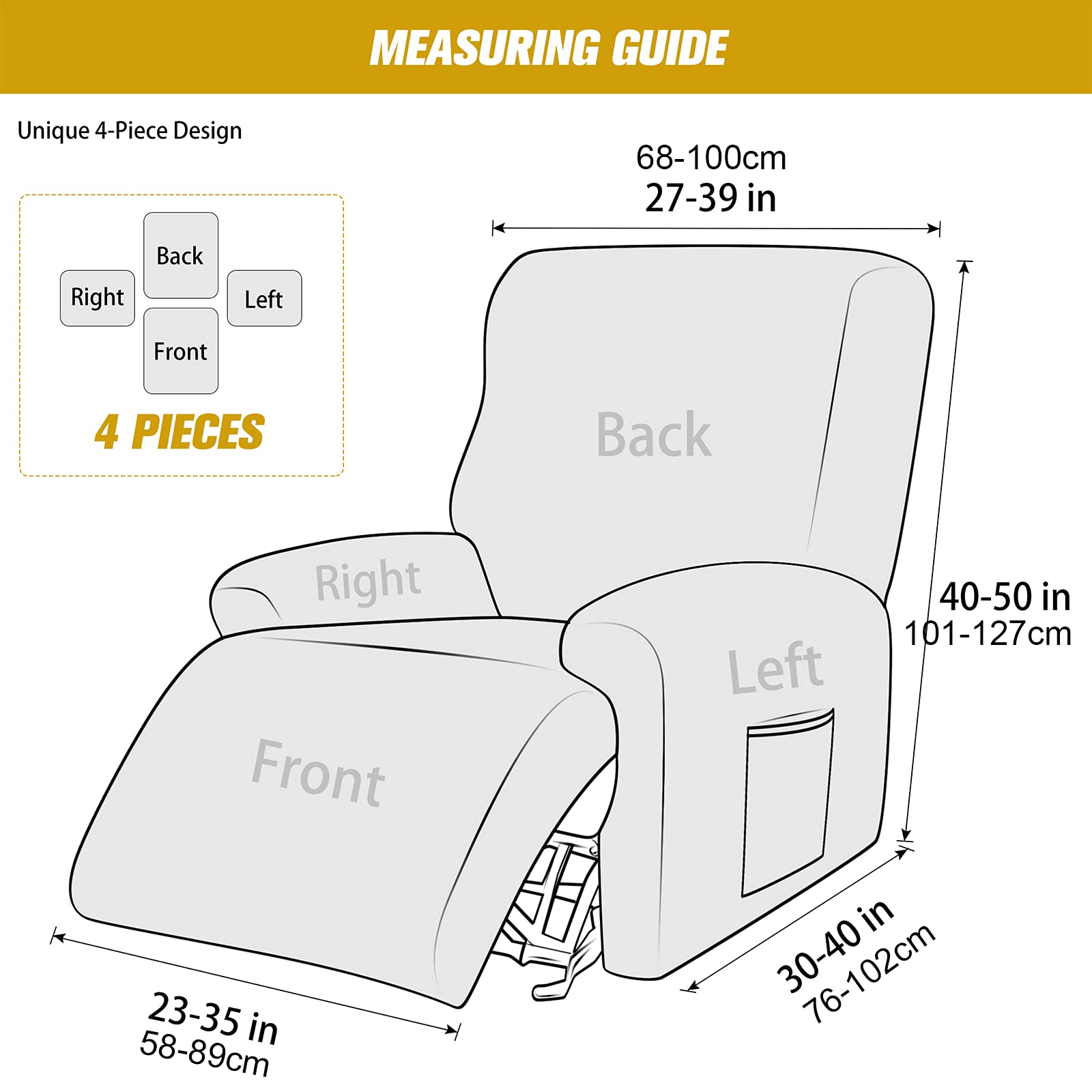 4-Piece Stretch Velvet Recliner Cover with Side Pockets - Anti-Slip Furniture Protector for Reclining Sofa & Chair - Perfect for Living Room, Home Theater & Family Room Comfort