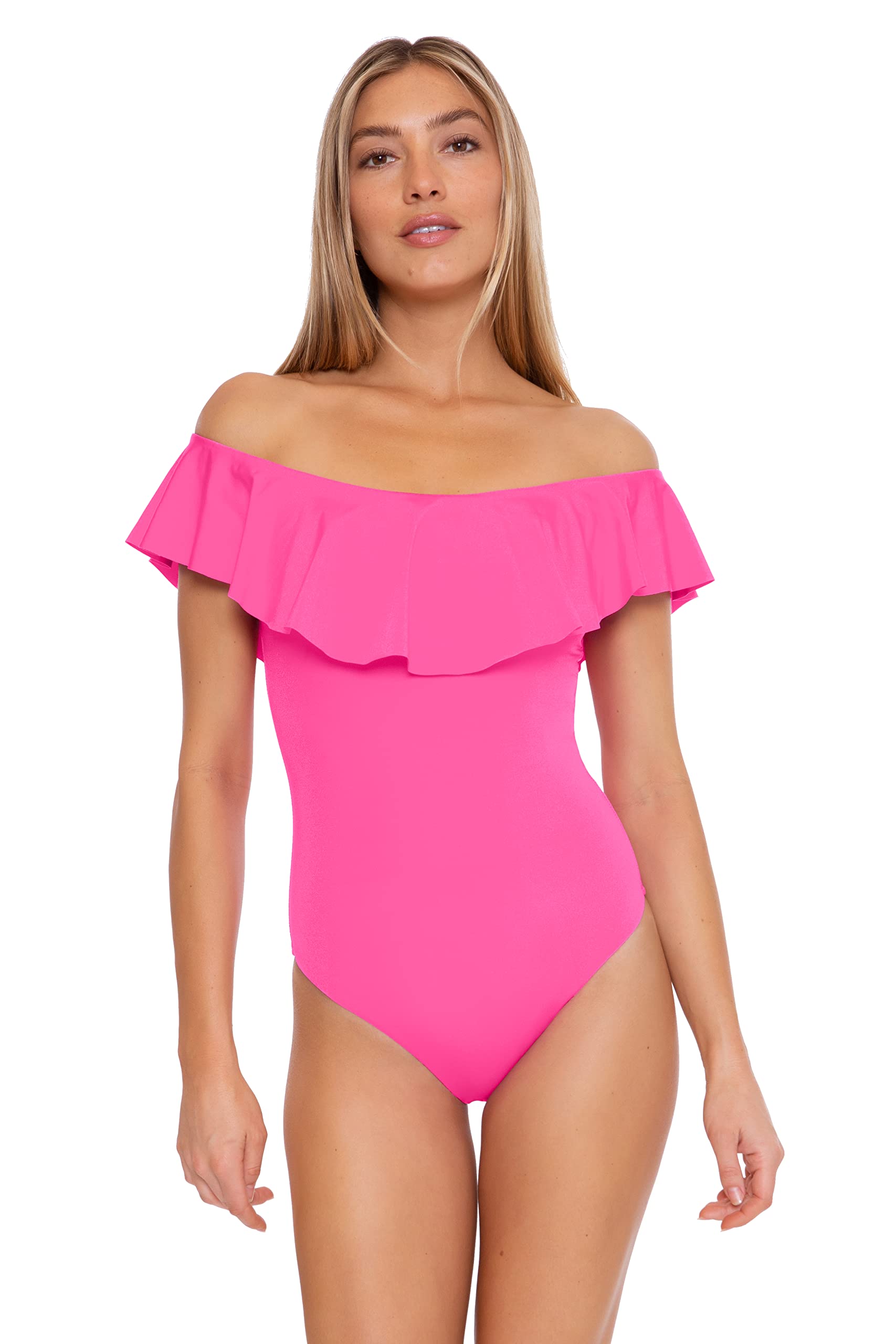 Trina Turk Women's Standard Monaco Ruffled One Piece Bandeau Swimsuit - Off Shoulder Bathing Suit for Beach, Pool & Vacation | Stylish Summer Swimwear