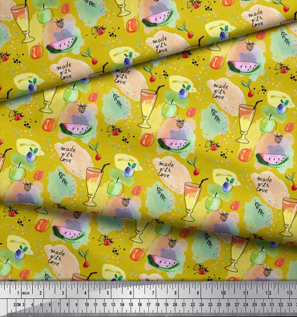 Soimoi Japanese Crepe Satin Fabric - Watercolor Juice & Fruit Print - 42 Inches Wide by The Yard - Perfect for Dresses, Scarves & DIY Craft Projects