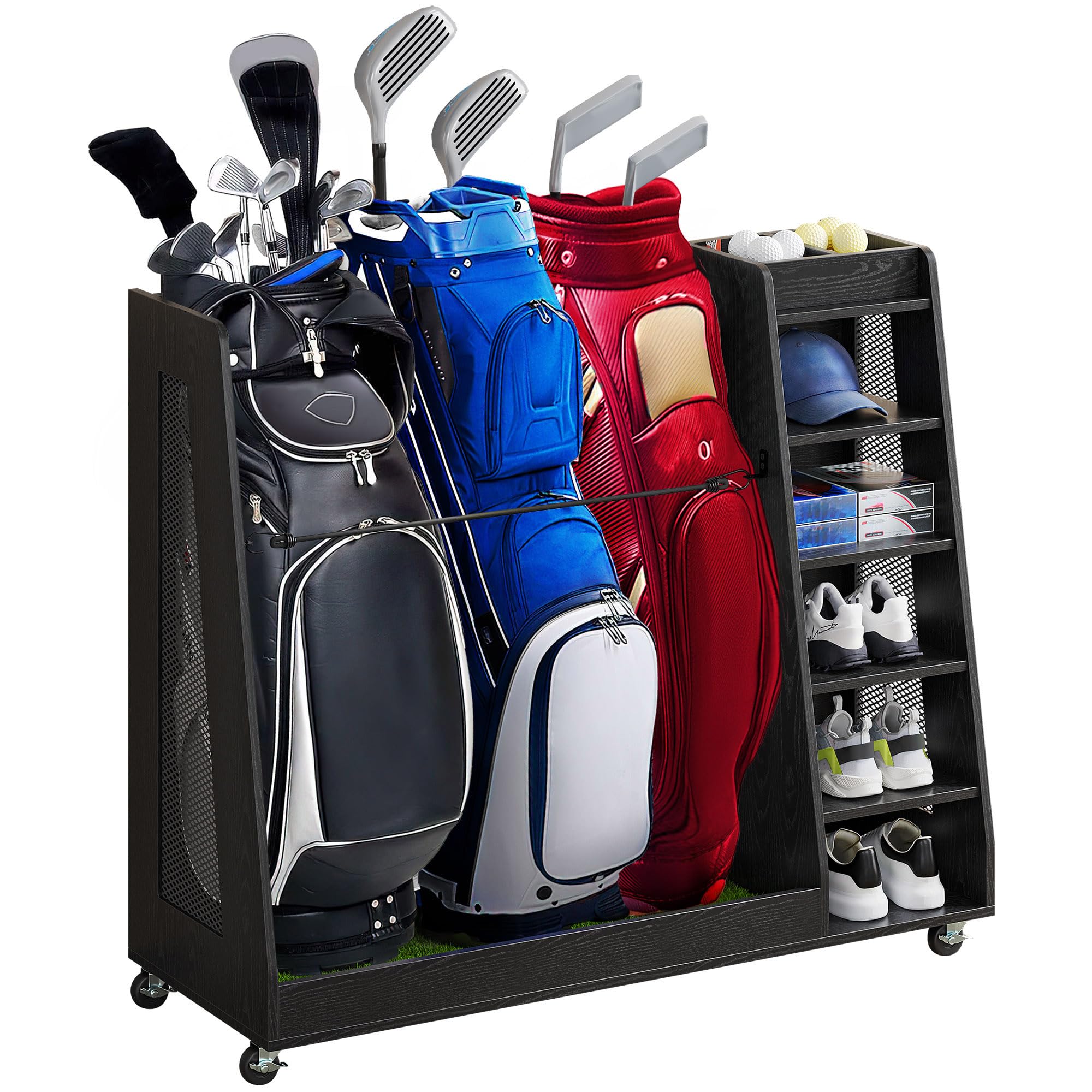 DWVO Wooden Golf Bag Stand Holder with Wheels - Garage Golf Storage Organizer for 2-3 Golf Bags, Clubs, Balls & Accessories | Space-Saving Golf Equipment Organizer for Home, Garage & Clubhouse Storage