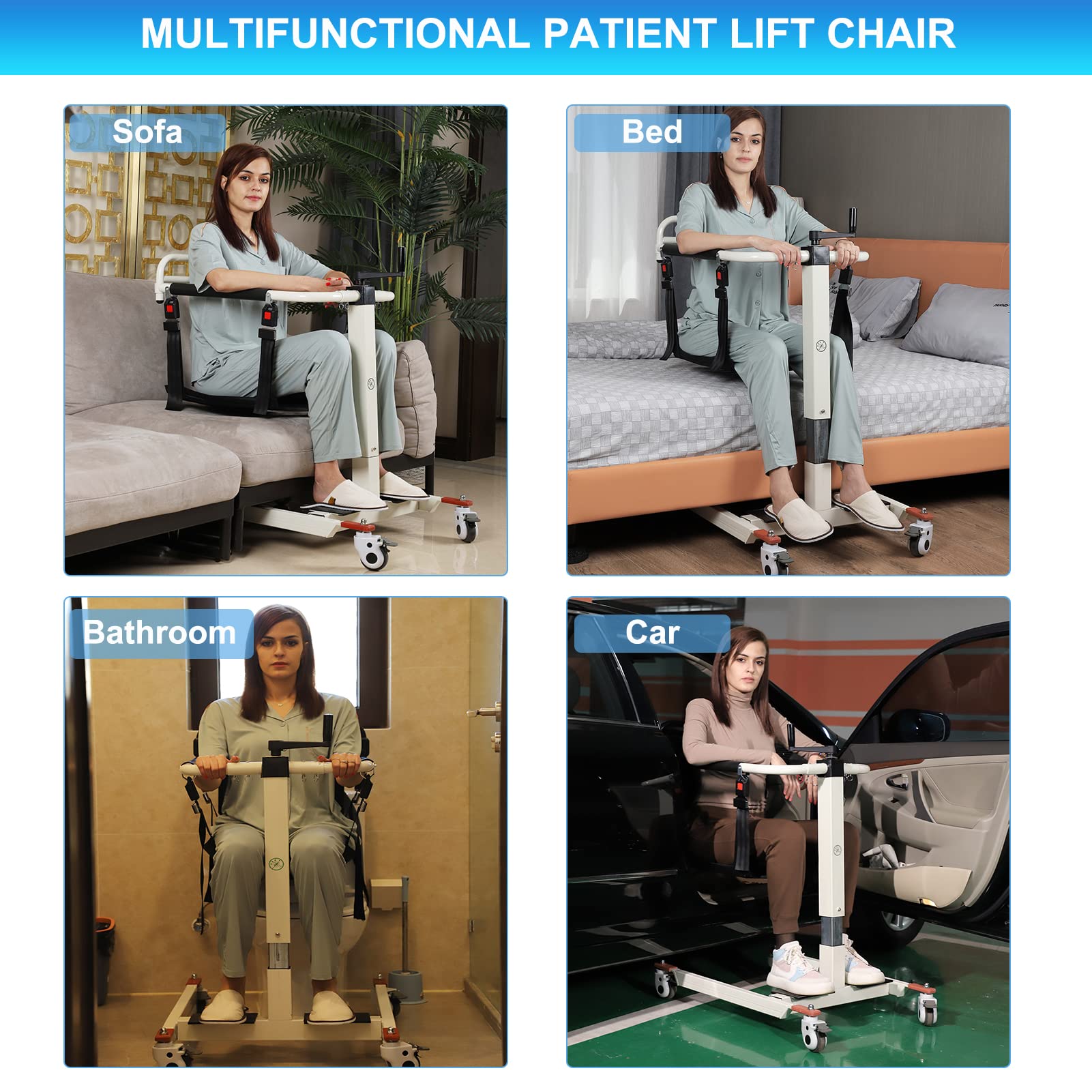 Portable Patient Lift Wheelchair for Home - Shower Chair with Wheels & Transfer Aid - Foldable Toilets Seat for Elderly & Disabled - Ideal for Bathroom, Bedroom & Mobility Assistance