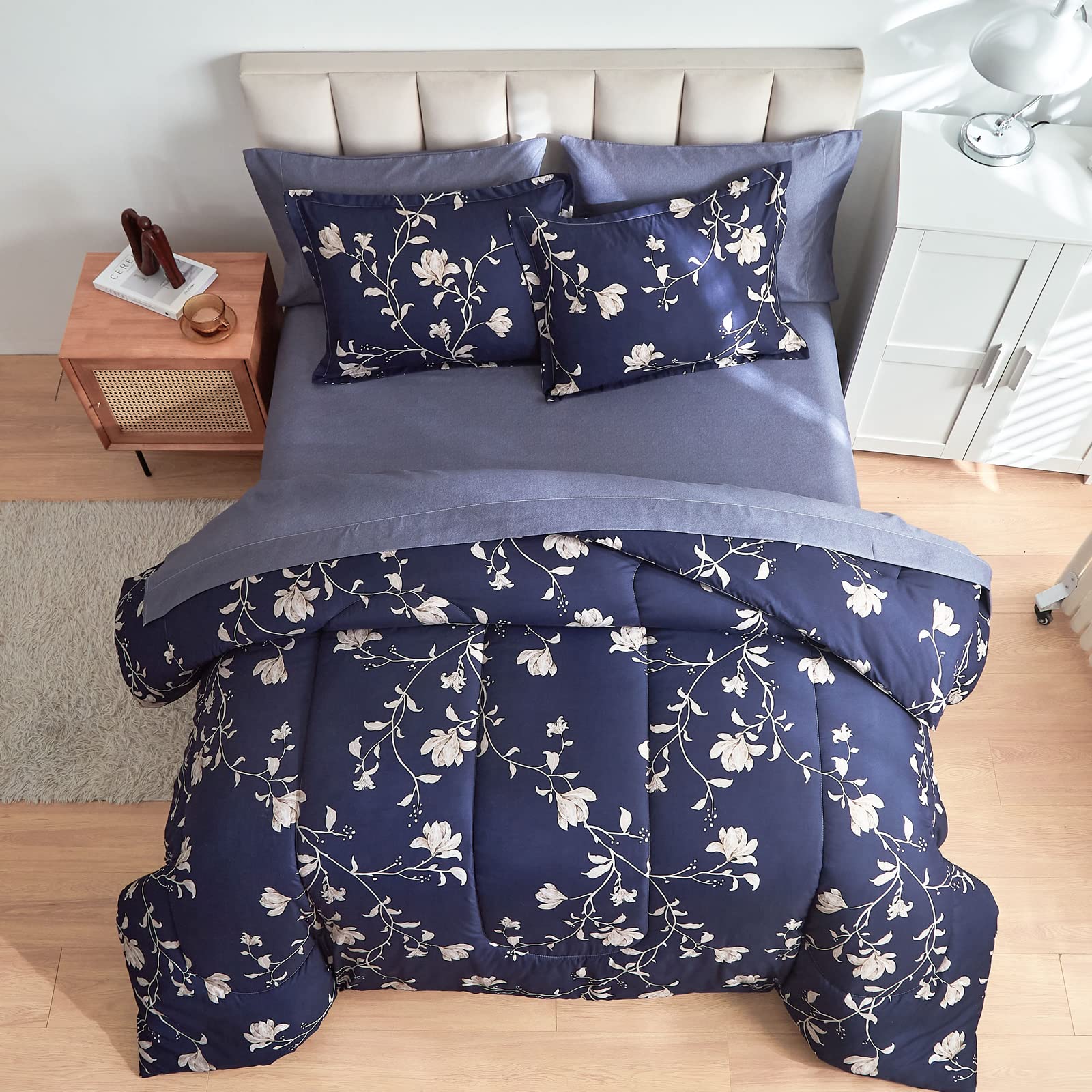 AIKASY 6-Piece Floral Twin Comforter Set - Navy Blue Bed in a Bag with Comforter, Pillow Shams, Sheets & Pillowcases | Soft Microfiber Bedding for Kids, Teens & Guest Rooms | Machine Washable & Wrinkle-Resistant