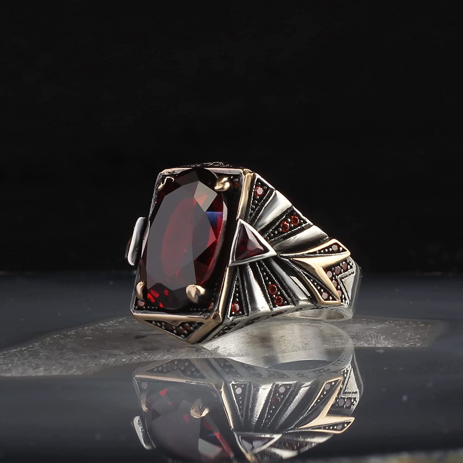 Handmade 925 Sterling Silver Men's Ring with Triangle Garnet Gemstone - Futuristic Statement Jewelry for Men - Perfect for Weddings, Gifts & Fashion Accessories
