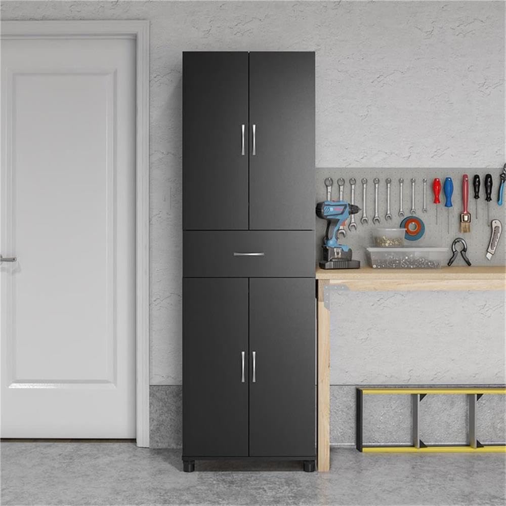 Pemberly Row Mid-Century Modern Storage Cabinet with Drawer - Black Wooden Dresser for Bedroom, Living Room & Office Organization