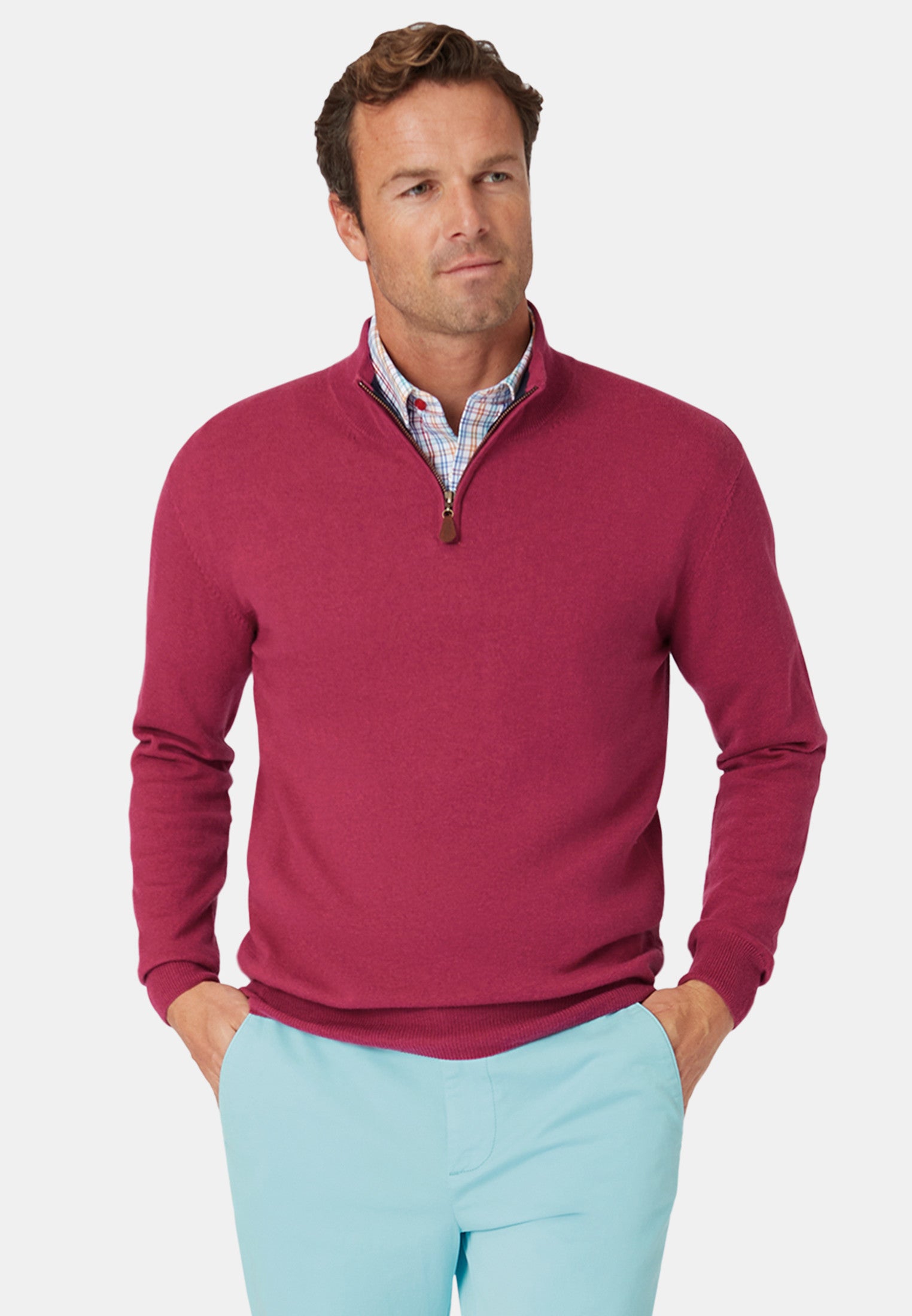 Premium Cotton Merino Wool Zip Neck Sweater for Men & Women - Soft Winter Pullover in Raspberry Red | Perfect for Casual Wear, Office Outfits & Cold Weather Layering