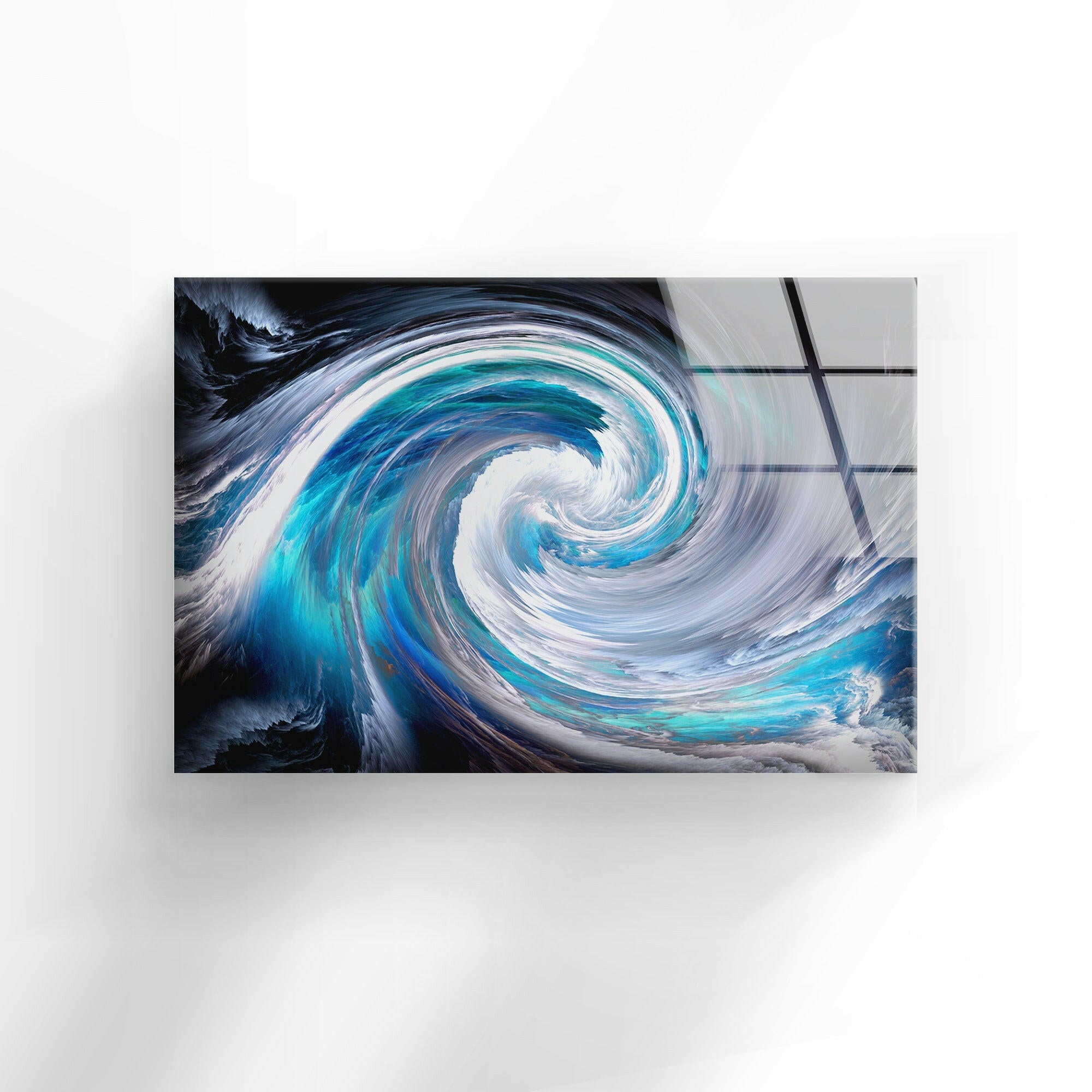 Blue Ocean Swirl Abstract Glass Wall Art - Handmade Modern Sea Wave Decor for Living Room, Bedroom & Office - Unique Home & Interior Design Gift Idea