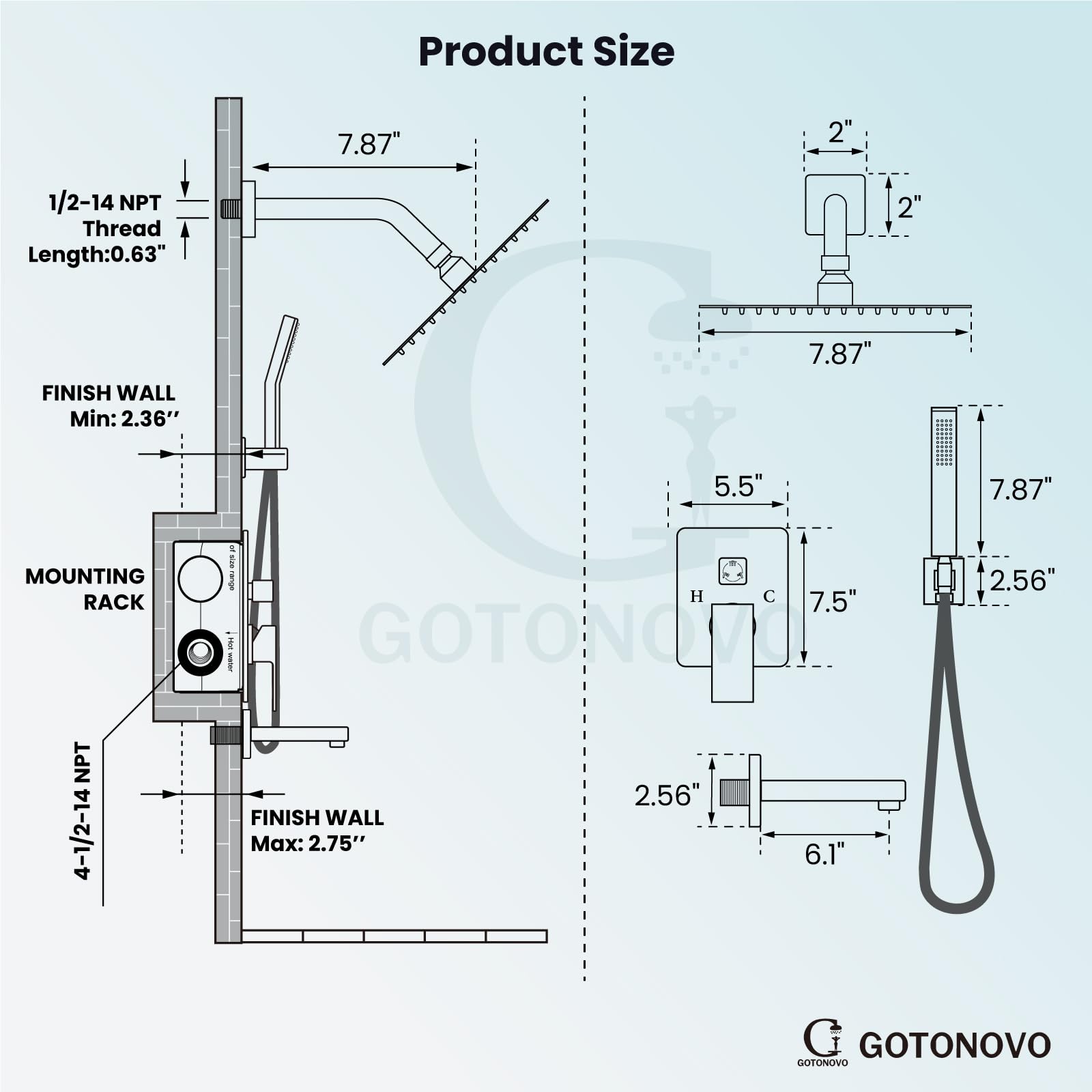 Gotonovo 3-Function Wall Mounted Shower Faucet Combo Set - 8 Inch Matte Black Rainfall Shower Head with Handheld Spray, Tub Spout & Rough-in Valve Trim Kit for Bathroom Renovation & Spa-Like Experience