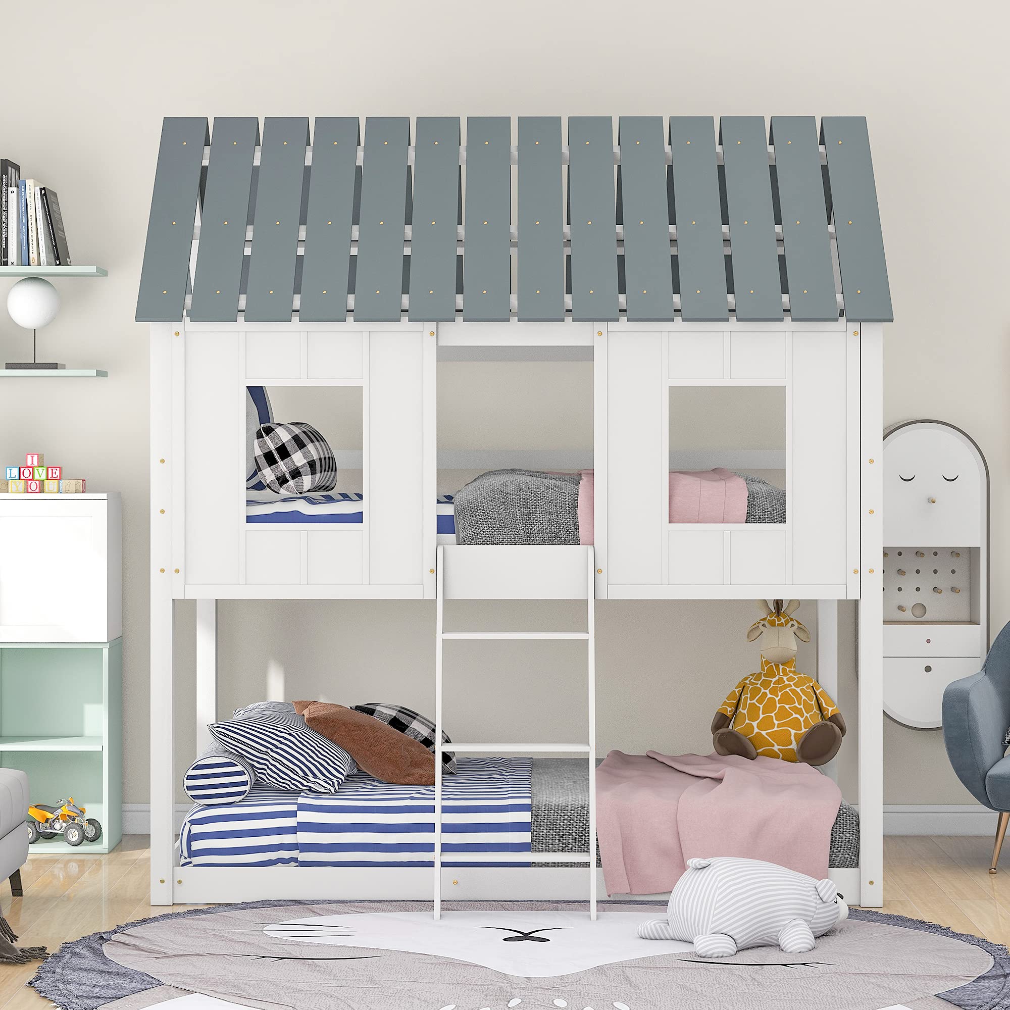 Twin Over Twin Low Bunk Bed for Kids - Sturdy Wooden House Bed Frame with Roof, Window, Guardrail & Ladder - No Box Spring Required - Perfect for Small Bedrooms, Shared Kids Rooms & Sleepovers