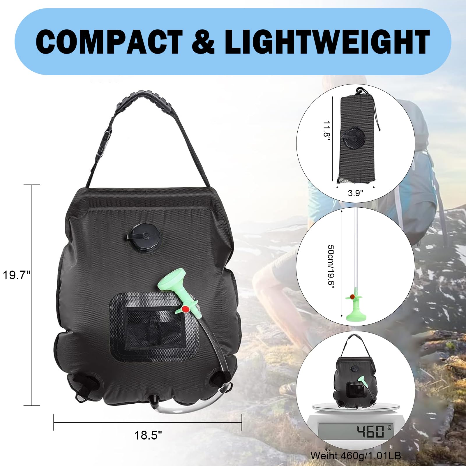 5 Gallon Solar Shower Bag - Portable 20L Camping Shower with Removable Hose & On/Off Switchable Shower Head - Perfect for Beach, Hiking, RV Trips & Outdoor Adventures