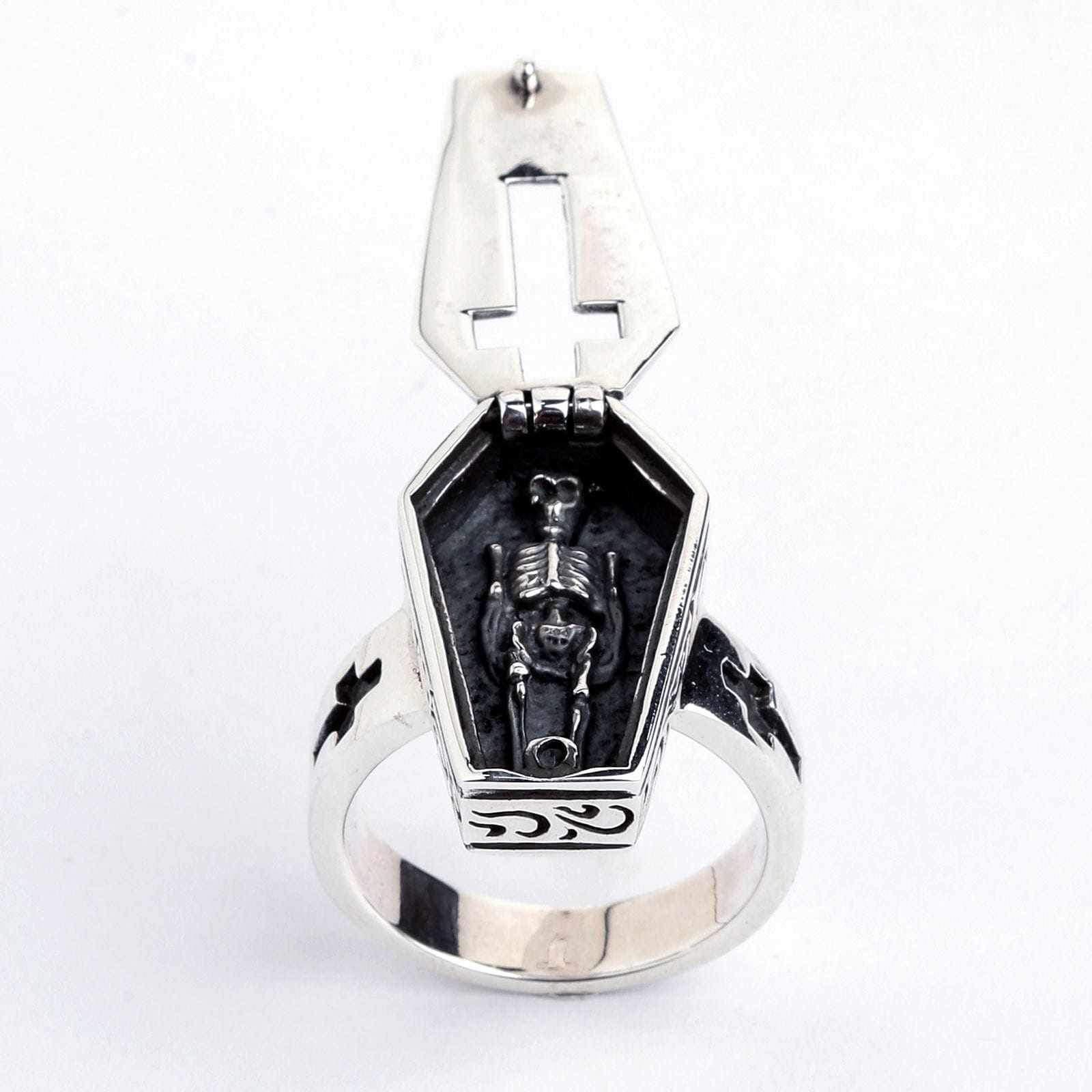 Gothic Sterling Silver Skull Skeleton Coffin Ring for Men Women - Punk Jewelry for Halloween, Gothic Fashion & Alternative Style