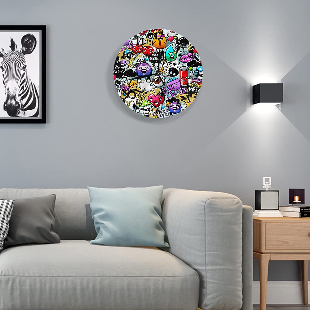 WONDERTIFY 10 Inch Silent Non-Ticking Graffiti Wall Clock with Bizarre Elements - Unique Battery Operated Round Wall Clock for Living Room, Bedroom & Office Decor