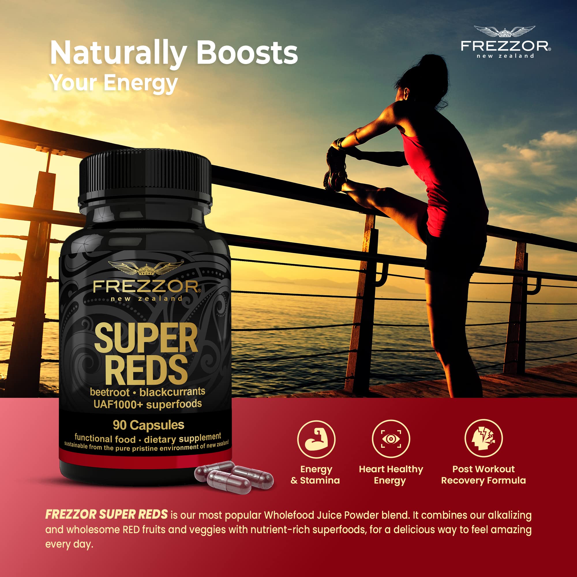 FREZZOR Super Reds Capsules with UAF1000+ | All-Natural New Zealand Red Superfood Energy Supplement | Antioxidant Rich Blend of Red Fruits, Vegetables & Beets | 360 Capsules (4 Bottles) | Boost Energy & Vitality for Active Lifestyles
