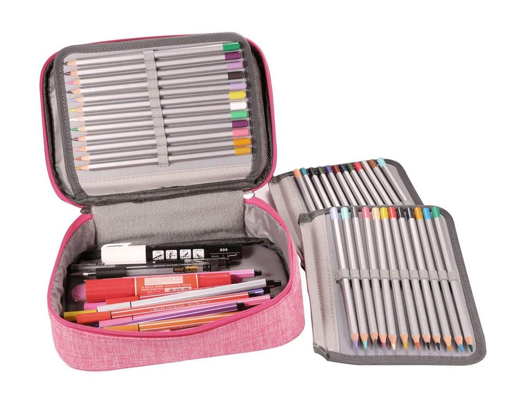 Becho Multifunctional Zipper Pencil Case - Large Capacity 72 Slots Organizer Pouch for Pens, Colored Pencils & Art Supplies (Pink) - Perfect for School, Office & Travel Organization