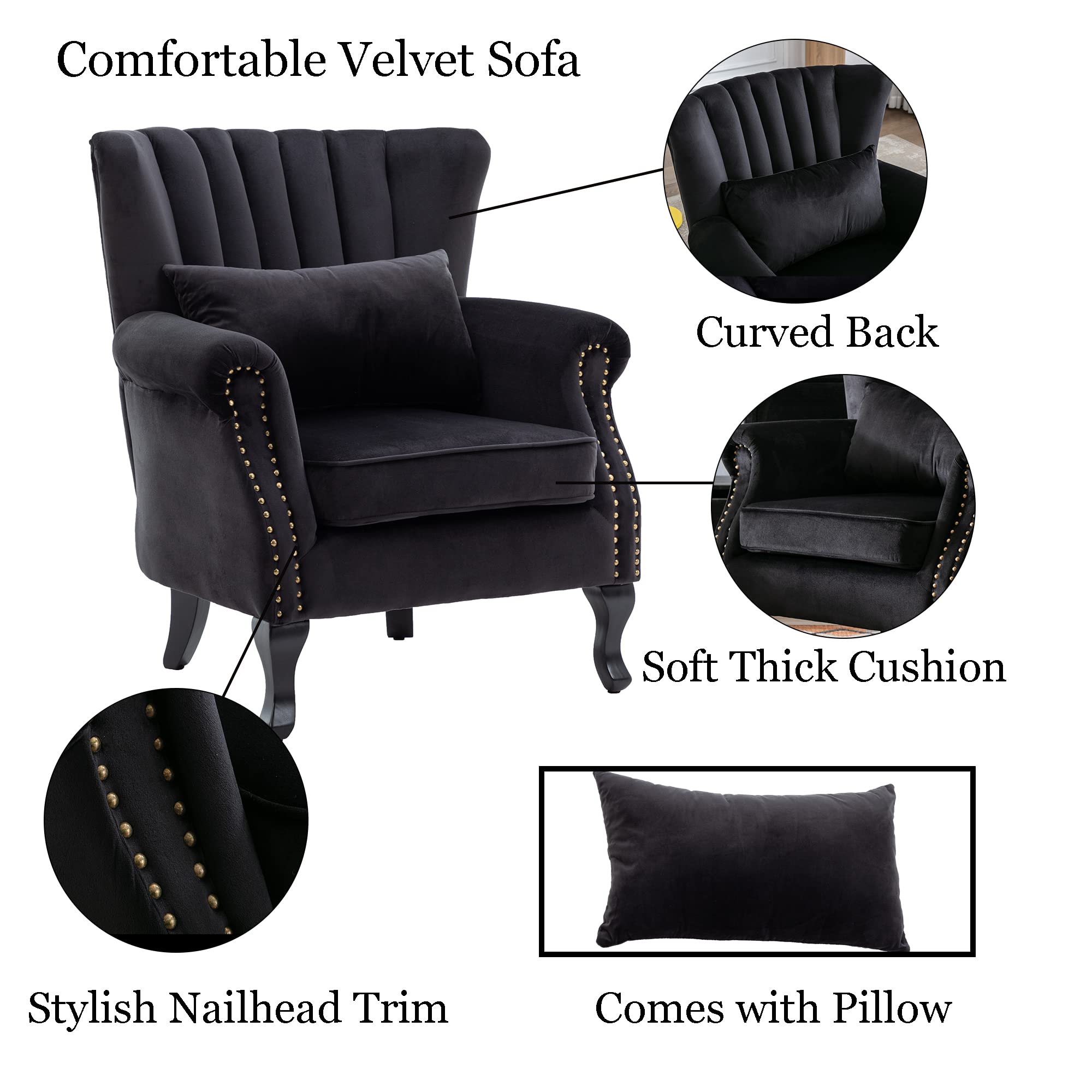 Mid-Century Modern Velvet Tufted Wingback Accent Armchair with Pillow - Stylish Lounge Chair for Living Room, Bedroom, or Office - Black