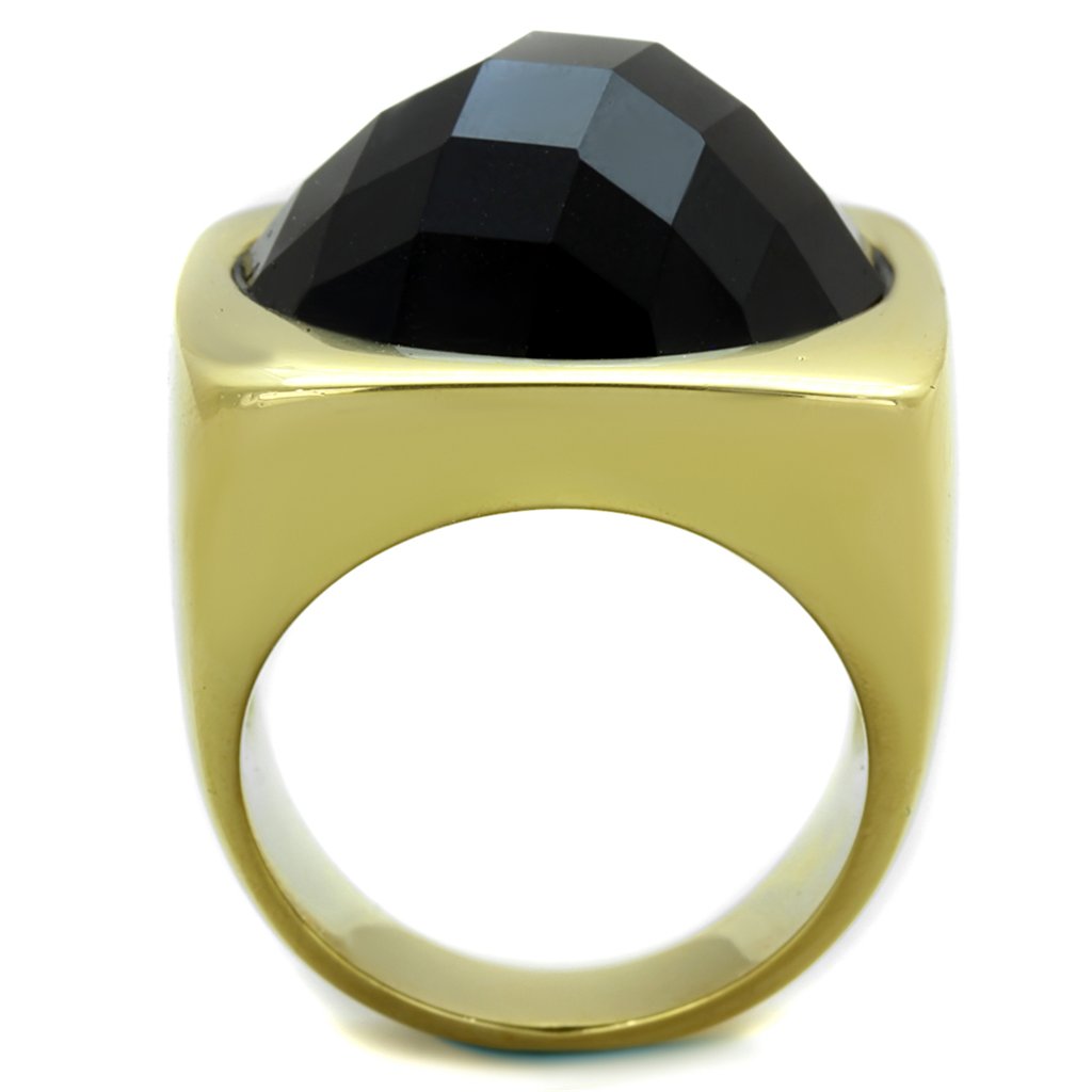 Stylish Round Black Stone IP Gold Cocktail Ring for Women - Elegant Evening Party Jewelry Gift