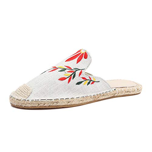 Women's Linen Knit Fisherman Mules - Backless Slip-On Loafers with Embroidery | Comfortable Summer Slippers & Sandals for Beach, Home, and Casual Outings