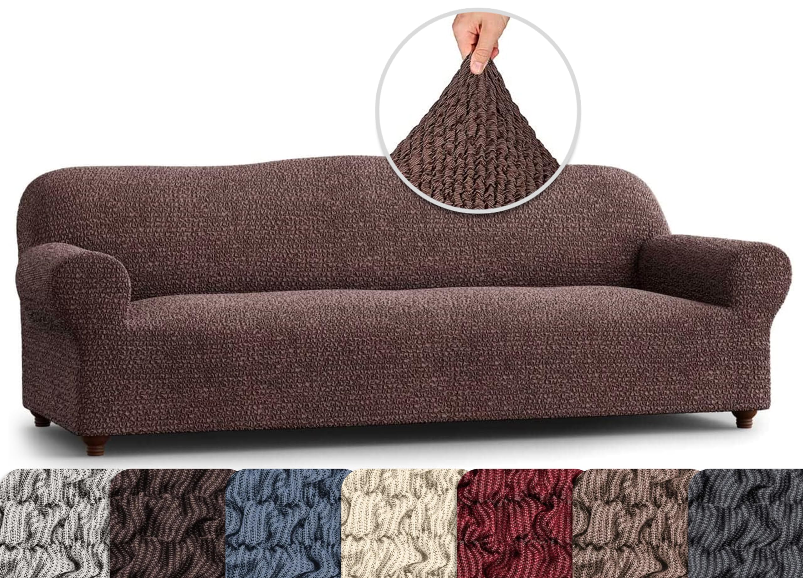 Stretch Sofa Slipcover - Soft Polyester Fabric Couch Cover - Washable 1-Piece Form Fit Protector for Pets - Mille Righe Collection in Brown | Perfect for Living Room, Family Room & Pet-Friendly Homes