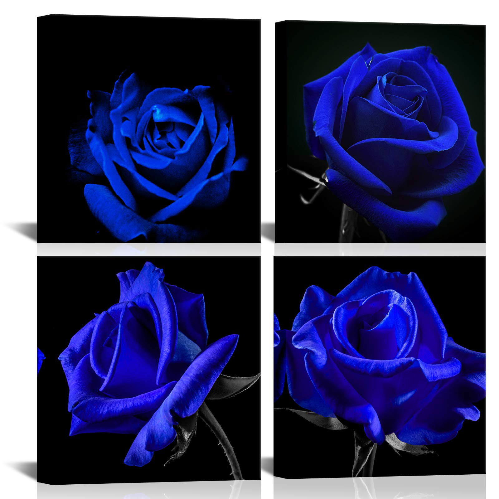 Blue Rose Canvas Wall Art Set - 4 Piece Modern Floral Still Life Prints for Living Room, Bedroom & Office Decor | Romantic Flower Paintings for Home & Workspace