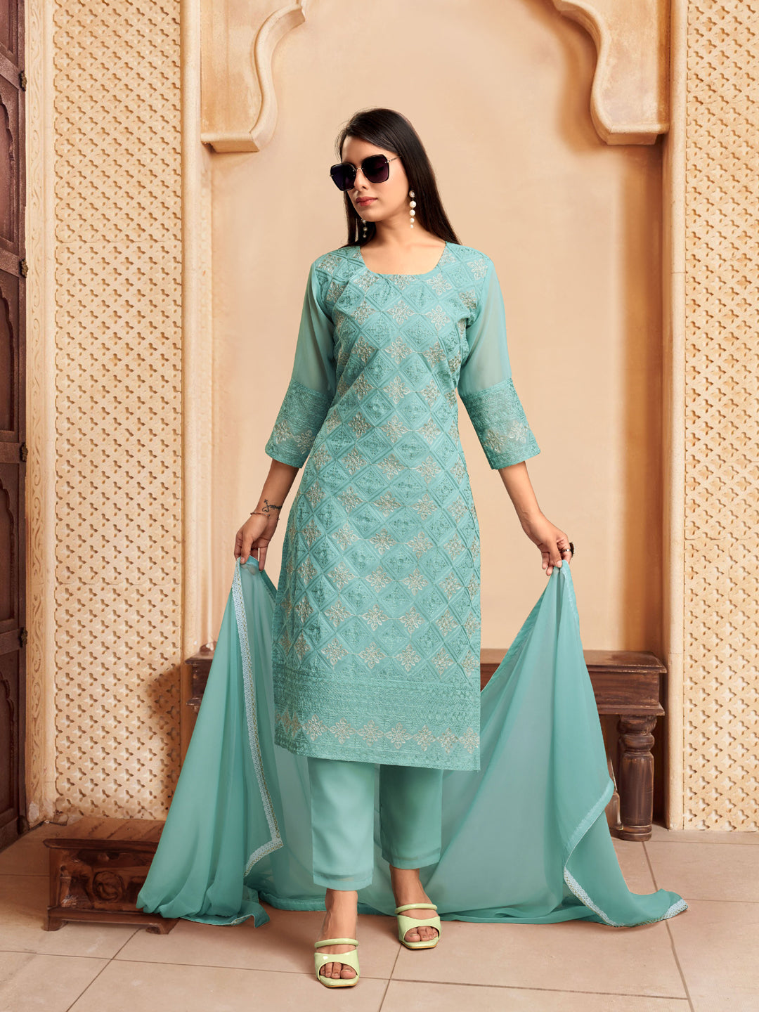 Elegant Blue Designer Pant Suit with Chikankari Embroidery - Perfect for Weddings, Parties & Formal Events